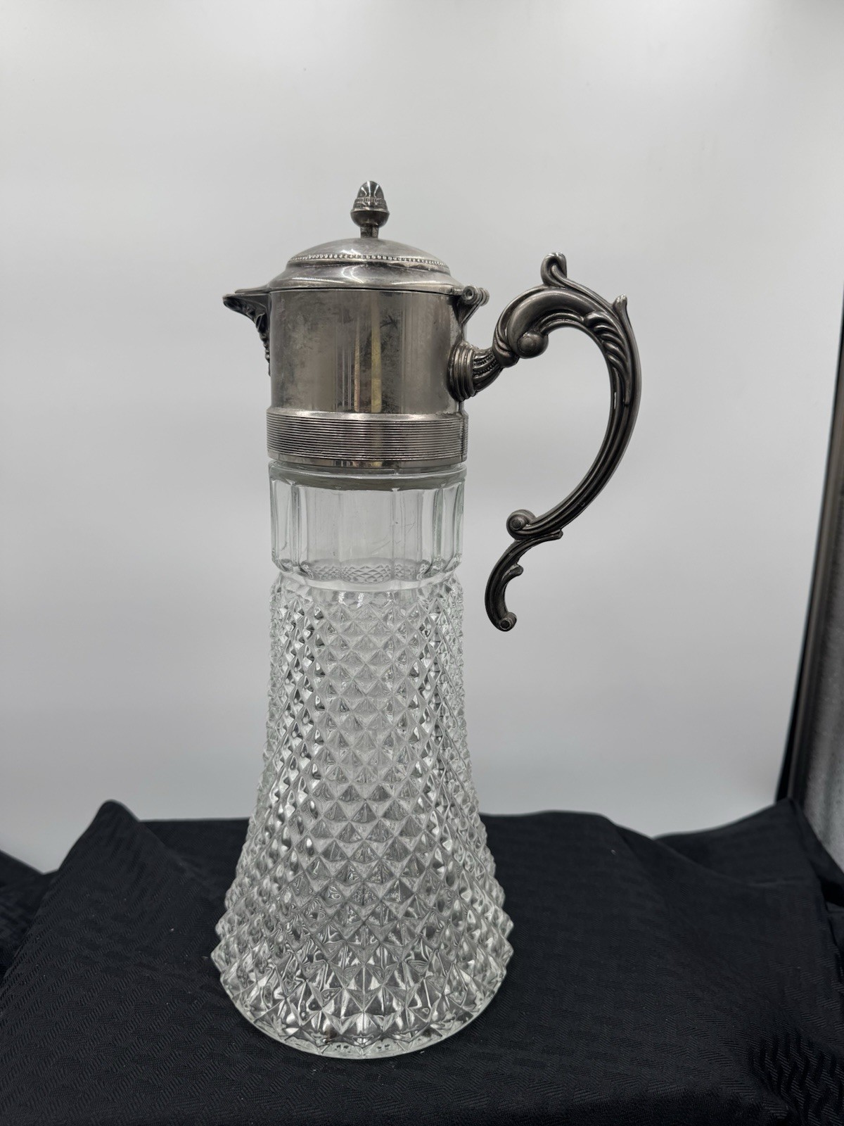 Vintage DIAMOND GLASS SILVERPLATE PITCHER CLARET WINE Ornate 14″