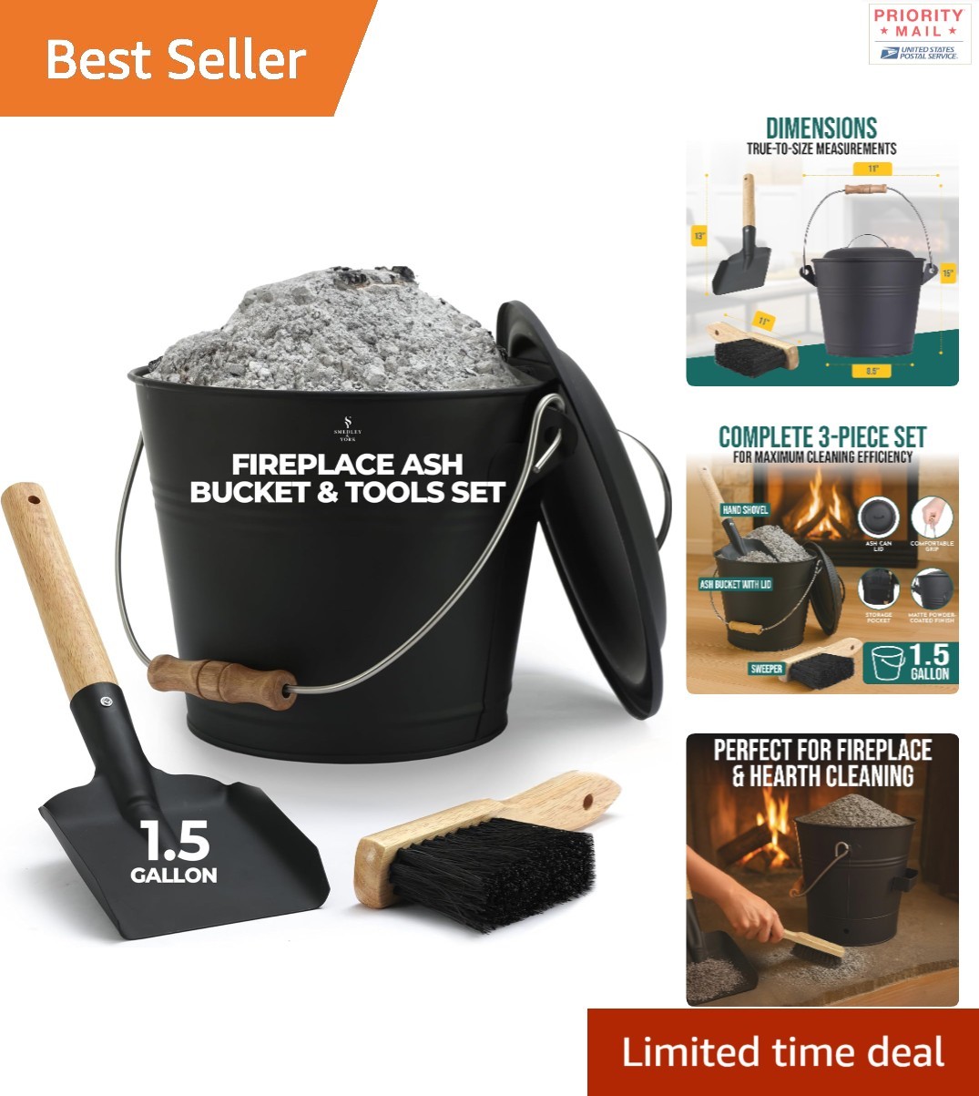 Galvanized Iron Ash Bucket 1.5 L Charcoal Container with Lid and Fireplace Tools