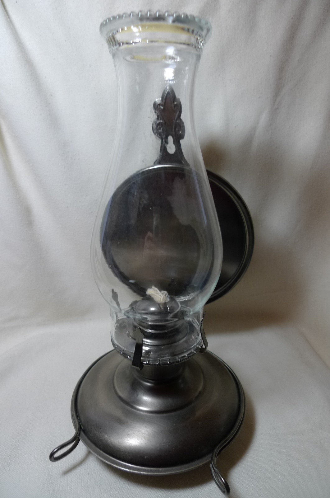 Oil Lamp Brushed Metal Base Wall Mounted with Chimney 9” Tall