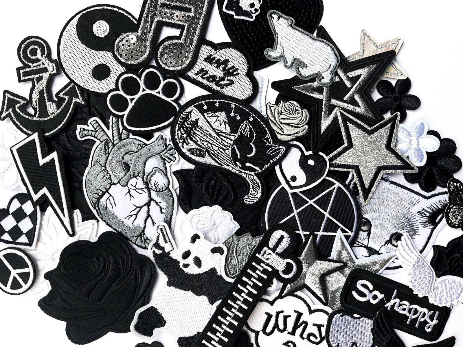 Black and White Patch Iron On, Silver Grey Patches, Sew on Angel Wings