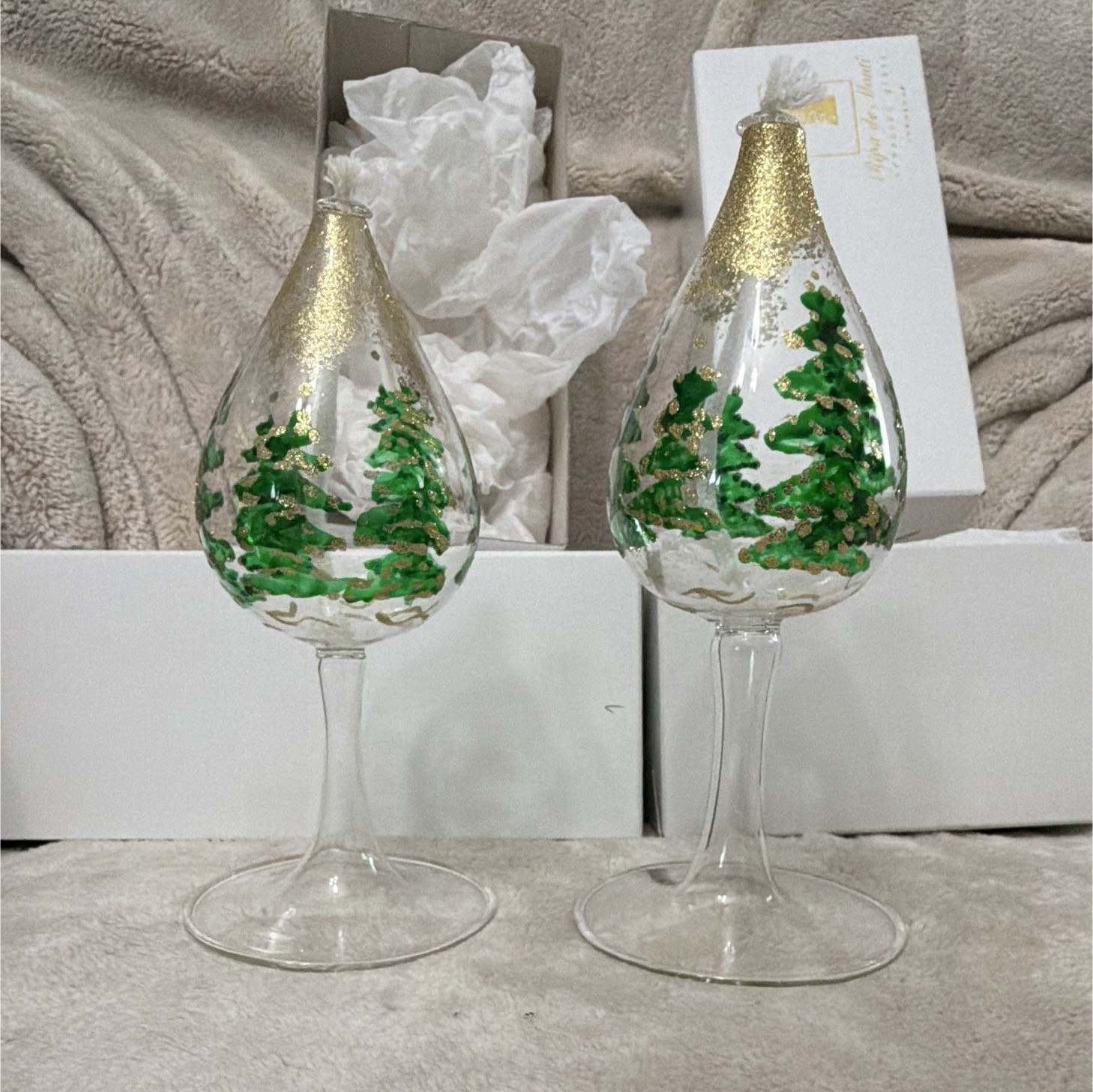 Ripa de Monti Hand Painted Christmas Tree Oil lamps Set of 2 Green Gold