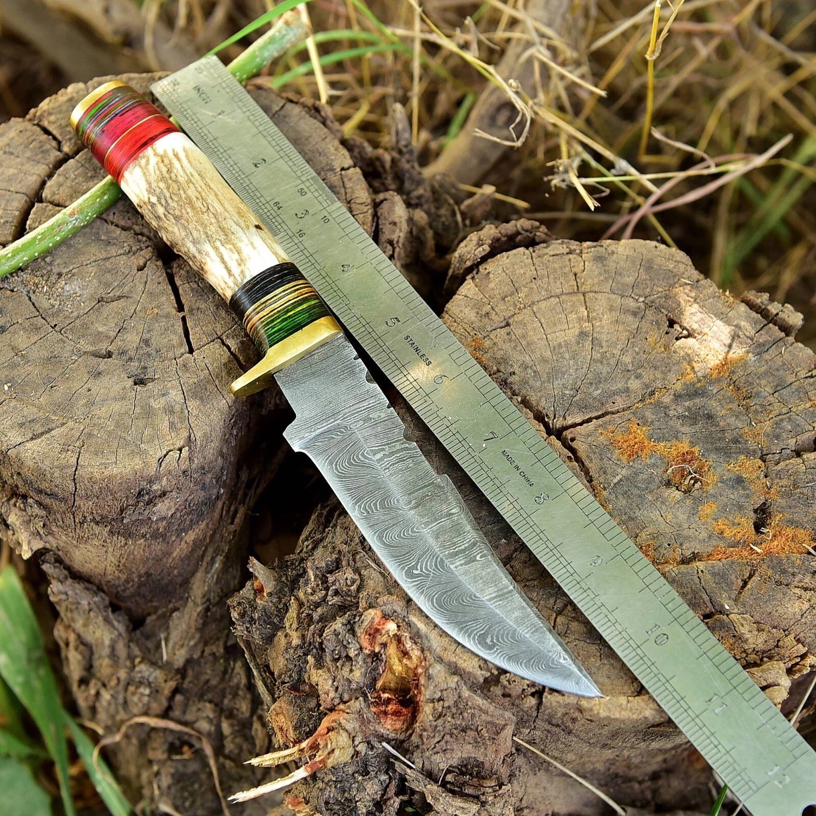 Handmade 10 inches Damscus Steel Stag Handle Knife, Vintage Hunting Gift