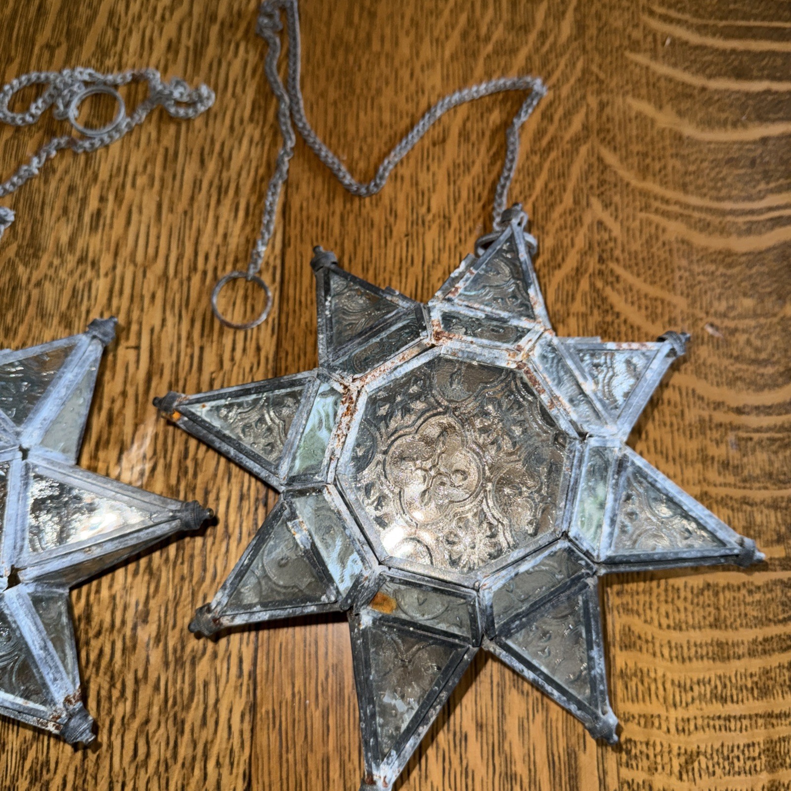 Pair of Vintage Fleur-de-Lis 8-Point Clear Glass Moravian Star Lanterns Boho