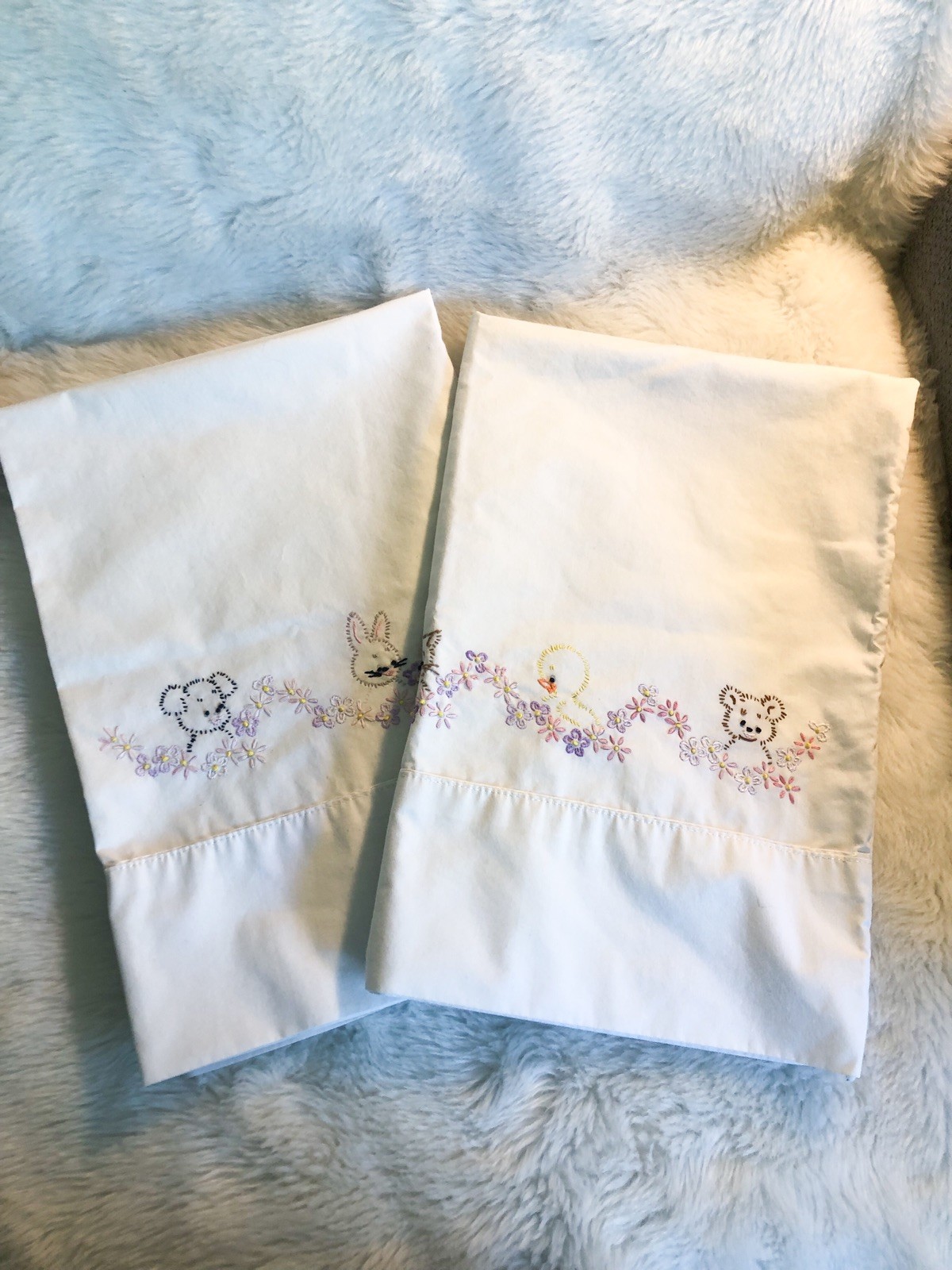 Vintage Set of 2 Hand Embroidered Pillowcases Duck Bear Kitty 20×29″ Nursery