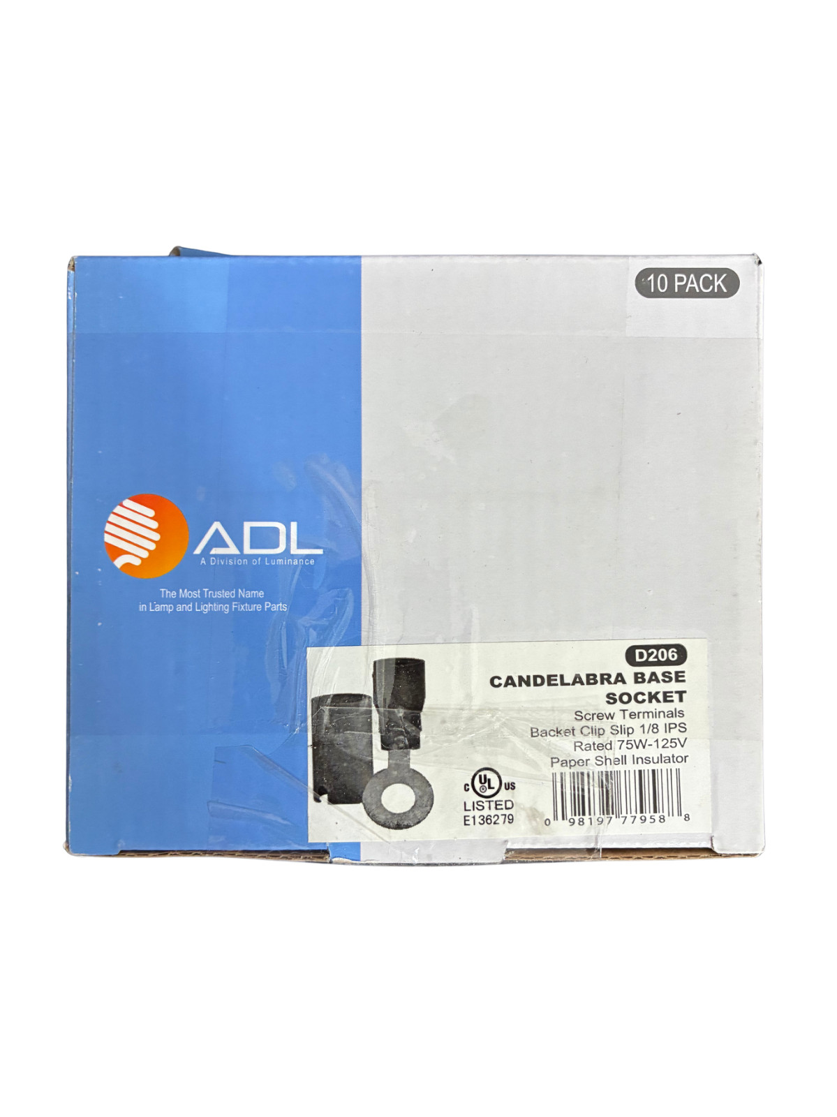 ADL MODEL D206 CANDELABRA BASE SOCKET SCREW TERMINALS 1/8IPS RATED 75W-125V 10CT
