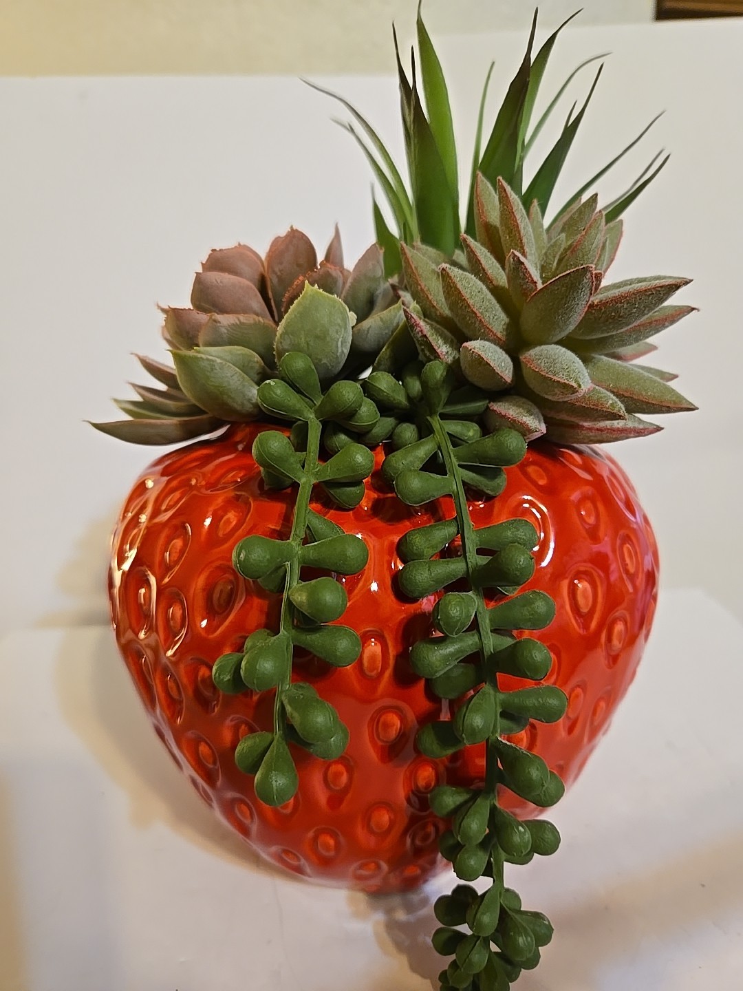 Red Strawberry Planter With Succulents 6″ x 10″ (Includes Plant)