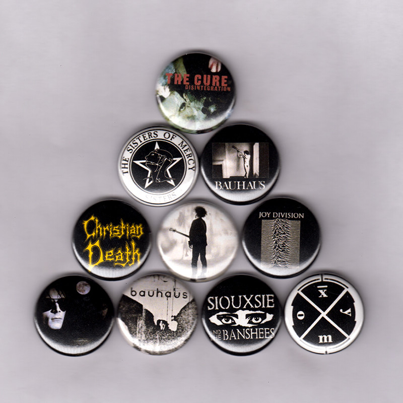 GOTH 1″ PINS / BUTTONS w/ JOY DIVISION BAUHAUS SIOUXSIE CURE SISTERS MERCY shirt