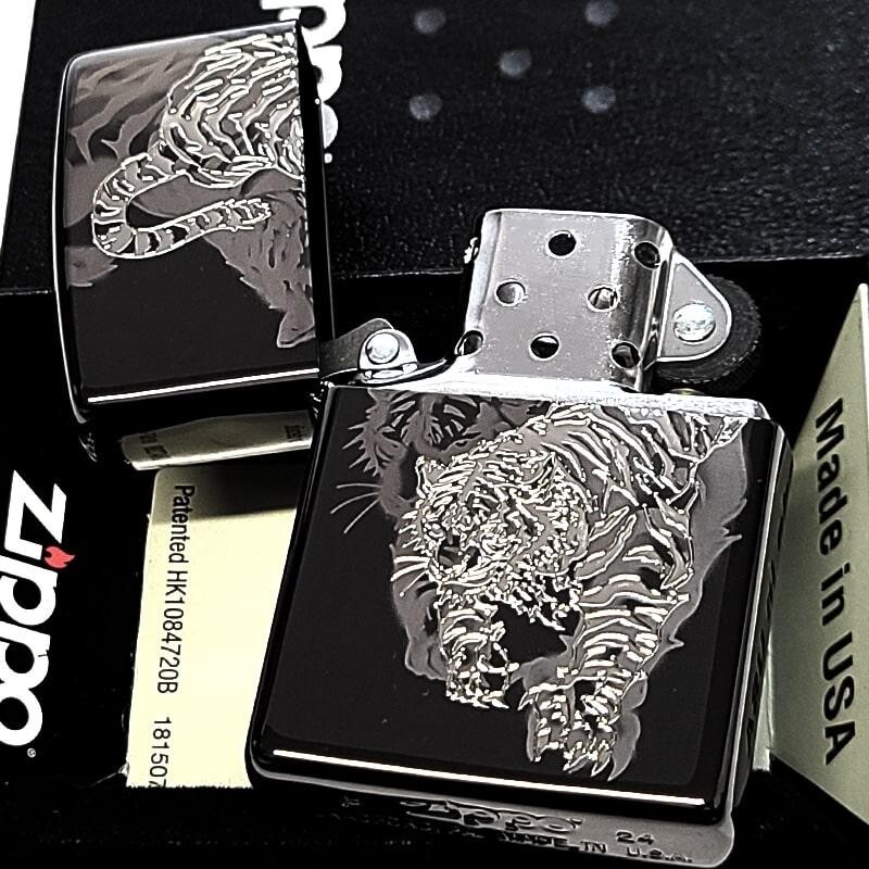 Zippo Tiger Etching Laser Engraving Black Nickel & Silver Regular Lighter Japan
