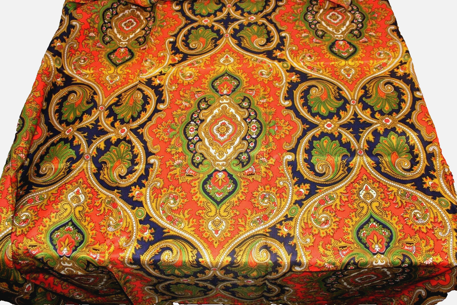 VTG Geometric Paisley Sewing Fabric Navy Orange Gold Vibrant Color 46″ x 116″