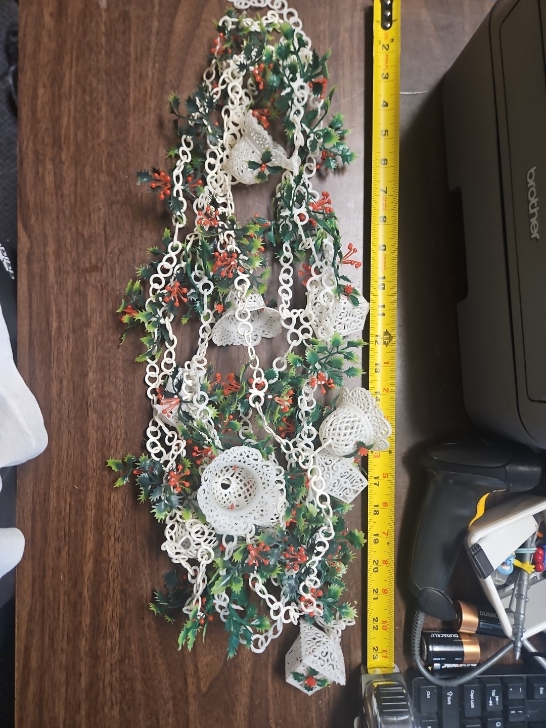 Vinyage 1950s Plastic Filagree Holly, Star, Bell, Lantern Christmas Garland 17ft