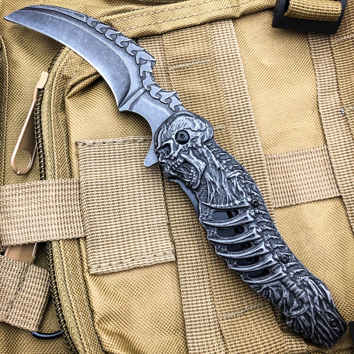 8.25″ Tactical Stonewash Grim Reaper Skull Skeleton Spring Assist Pocket Knife