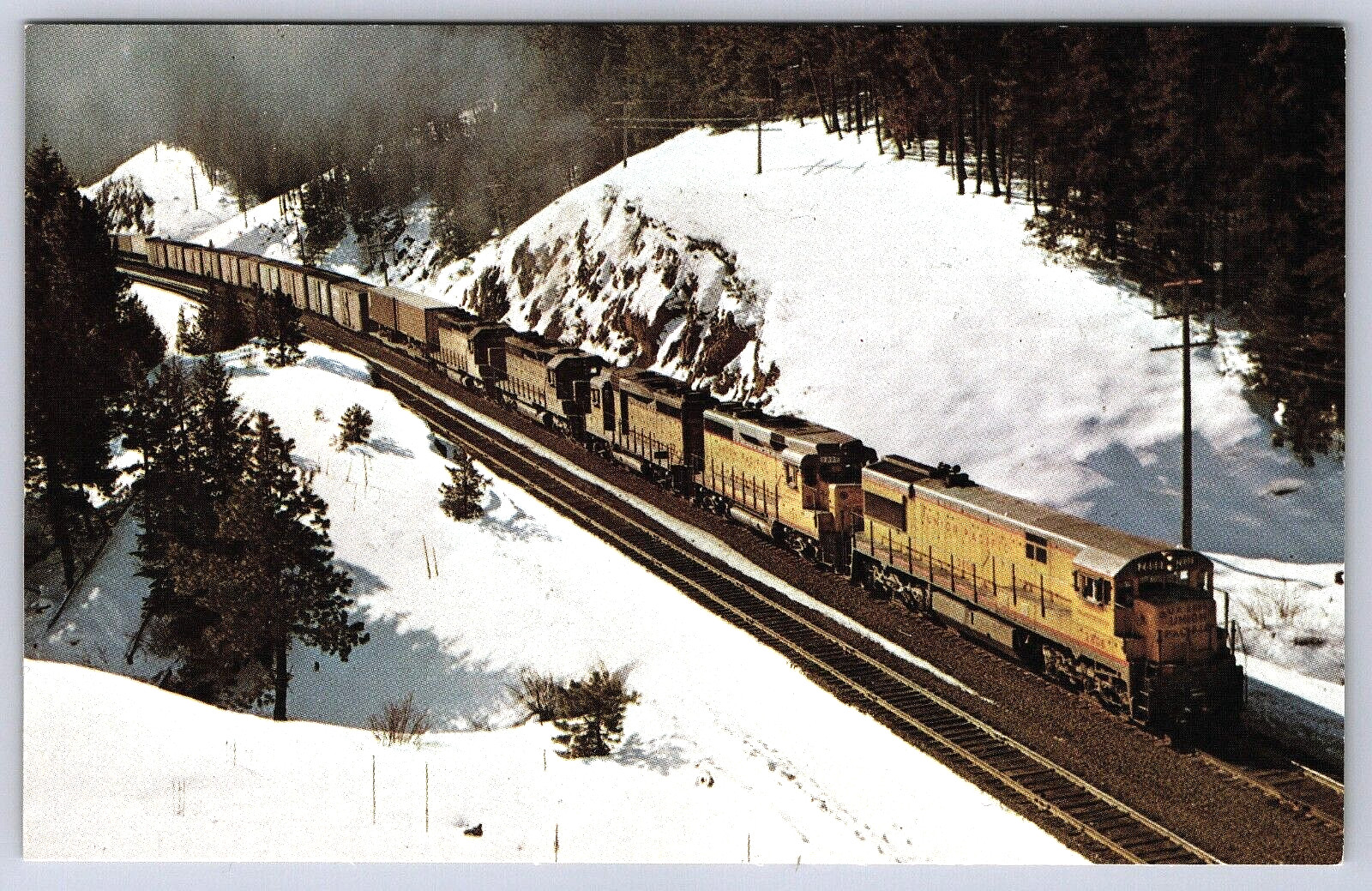 Postcard Train U28C Union Pacific Railroad Oregon OR Snow Winter Aerial Chrome