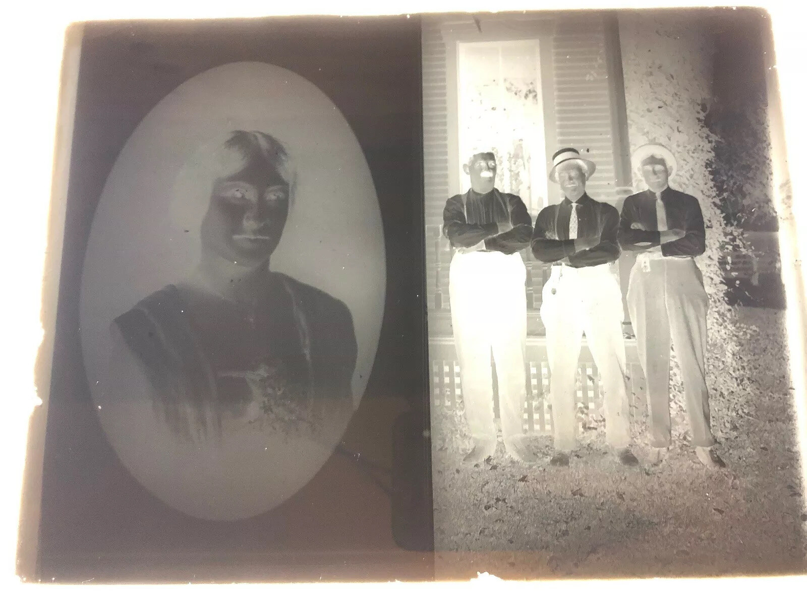 6.5×8.5 Glass Negative Woman Portrait & Boys In The Yard Dual Photo Circa 1900