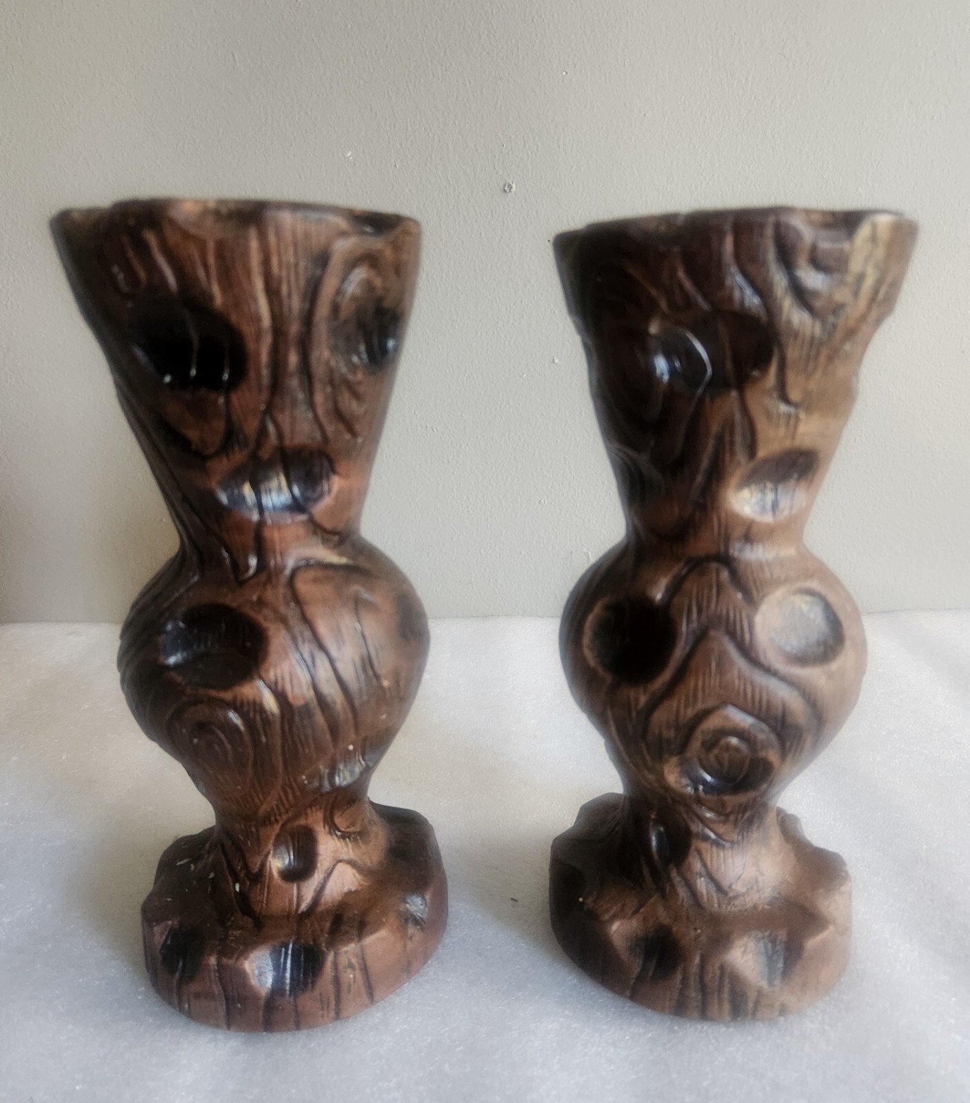 2 Ceramic Pedestal Candle Holders • Made to Look Like Wood • 7⅝” Tall
