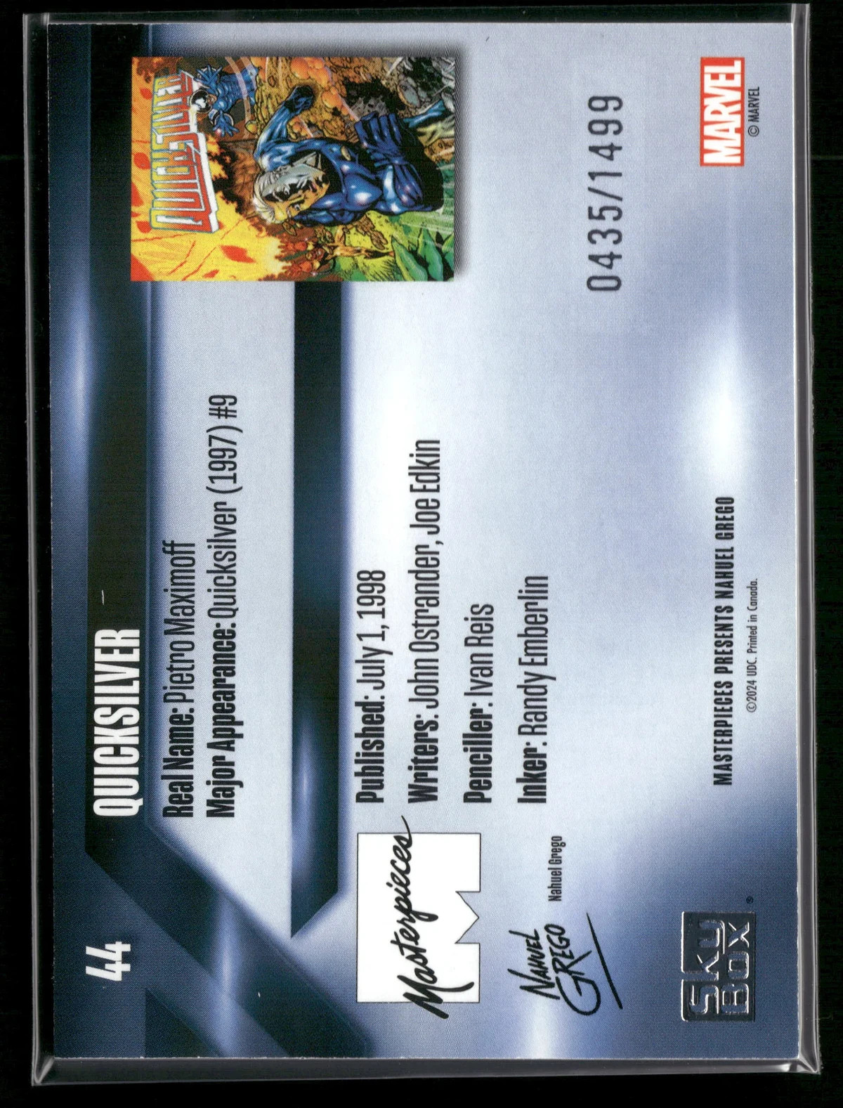 2024 Upper Deck Marvel Masterpieces Quicksilver #44 Serial Numbered NM