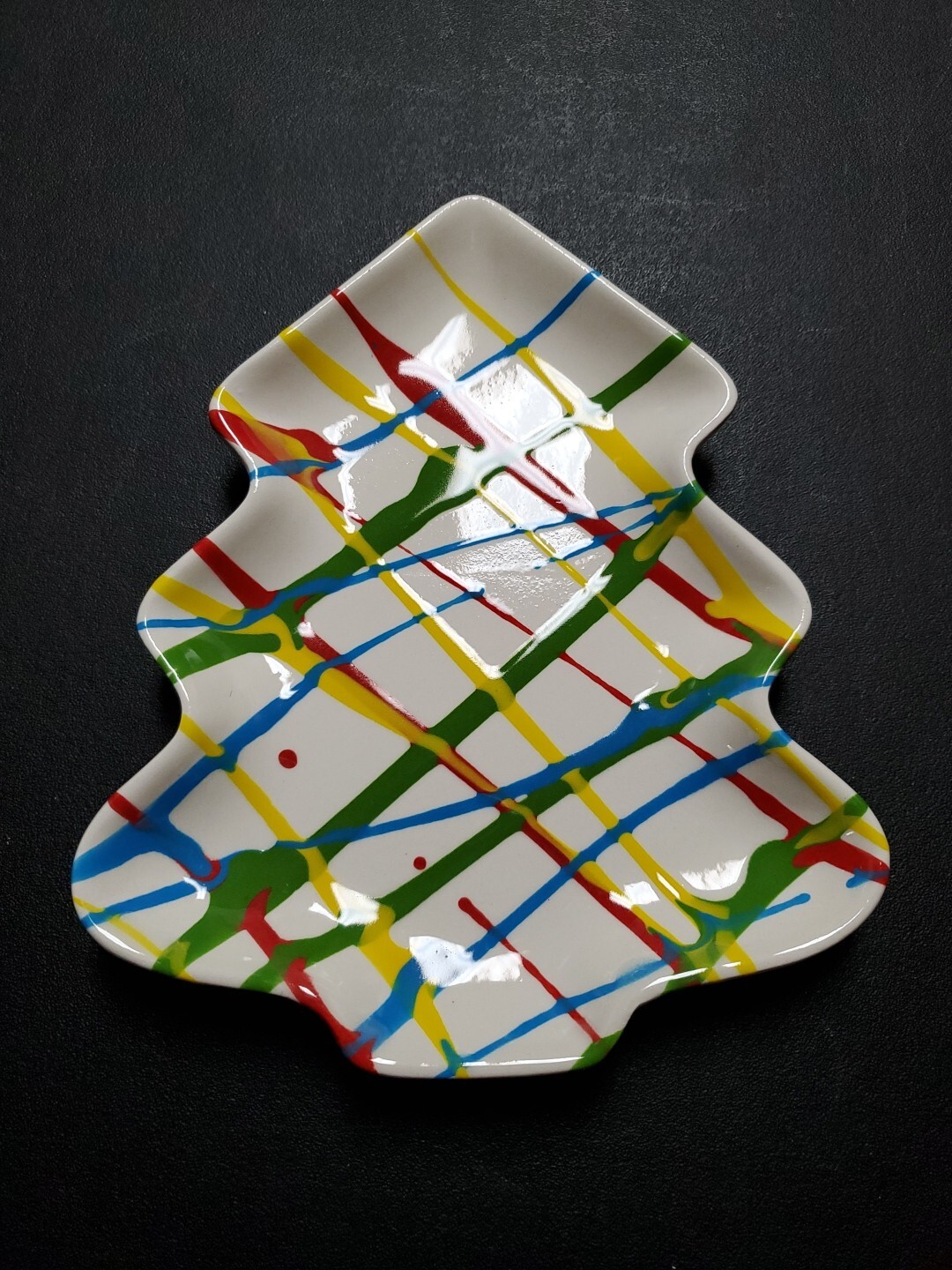 Christmas Tree Candy Dish White Ceramic Red Green Yellow Blue Splatter Italy