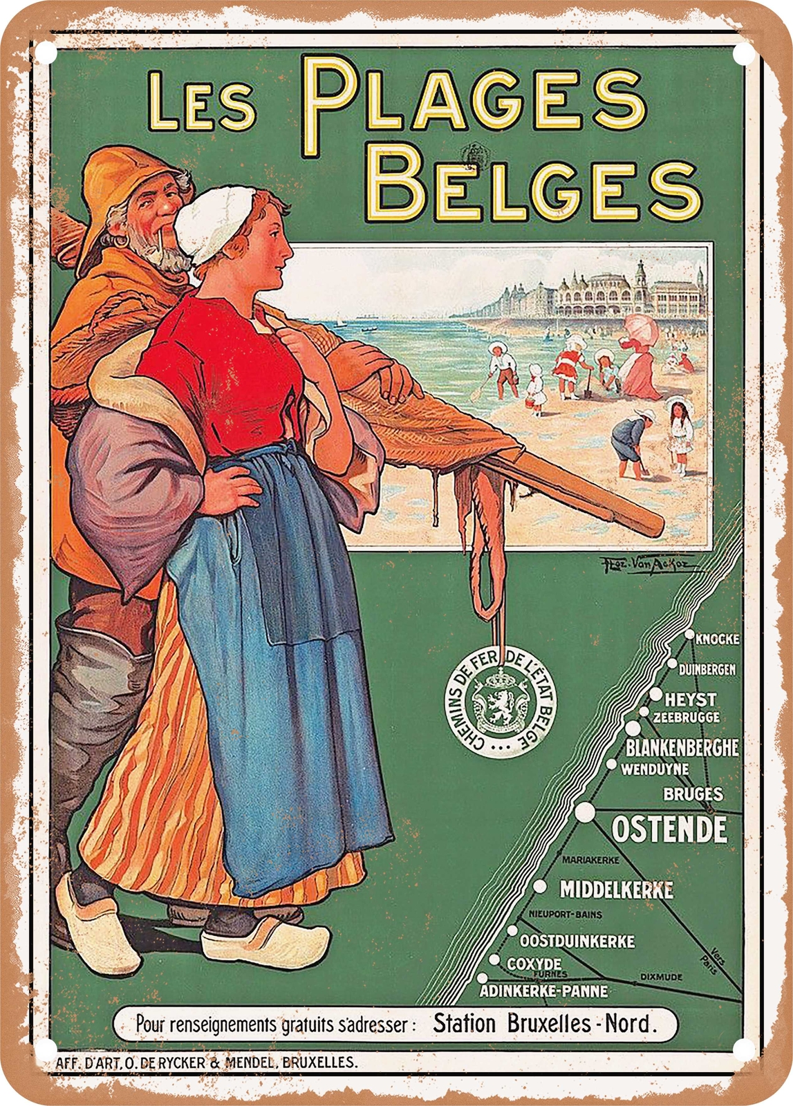METAL SIGN – 1910 The Belgian beaches Chemins de Fer de l’Etat Belge Vintage Ad