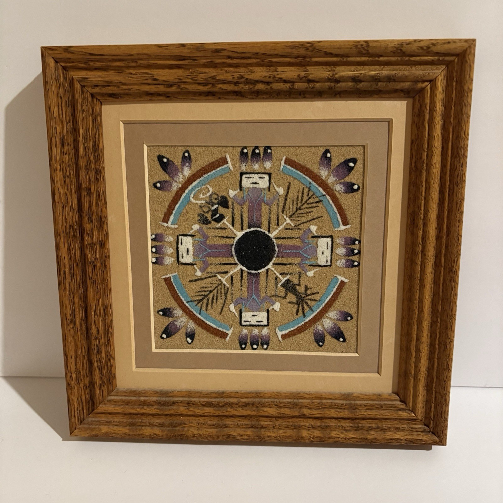 Small 7” x 7” Framed Navajo Sand Art Painting Whirling People Signed