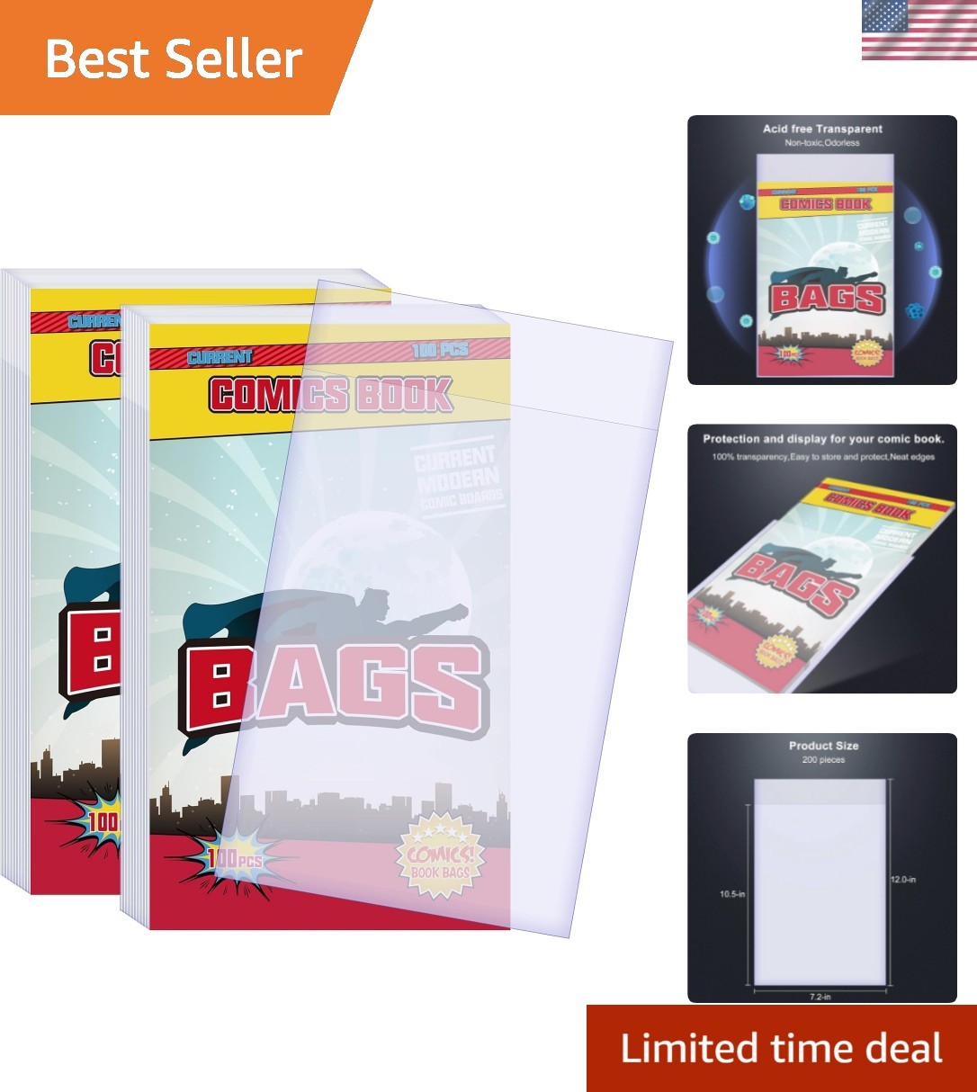 200 Count Clear Comic Book Bags 7.2×10.5 Inch – Acid-Free Mylar Protection
