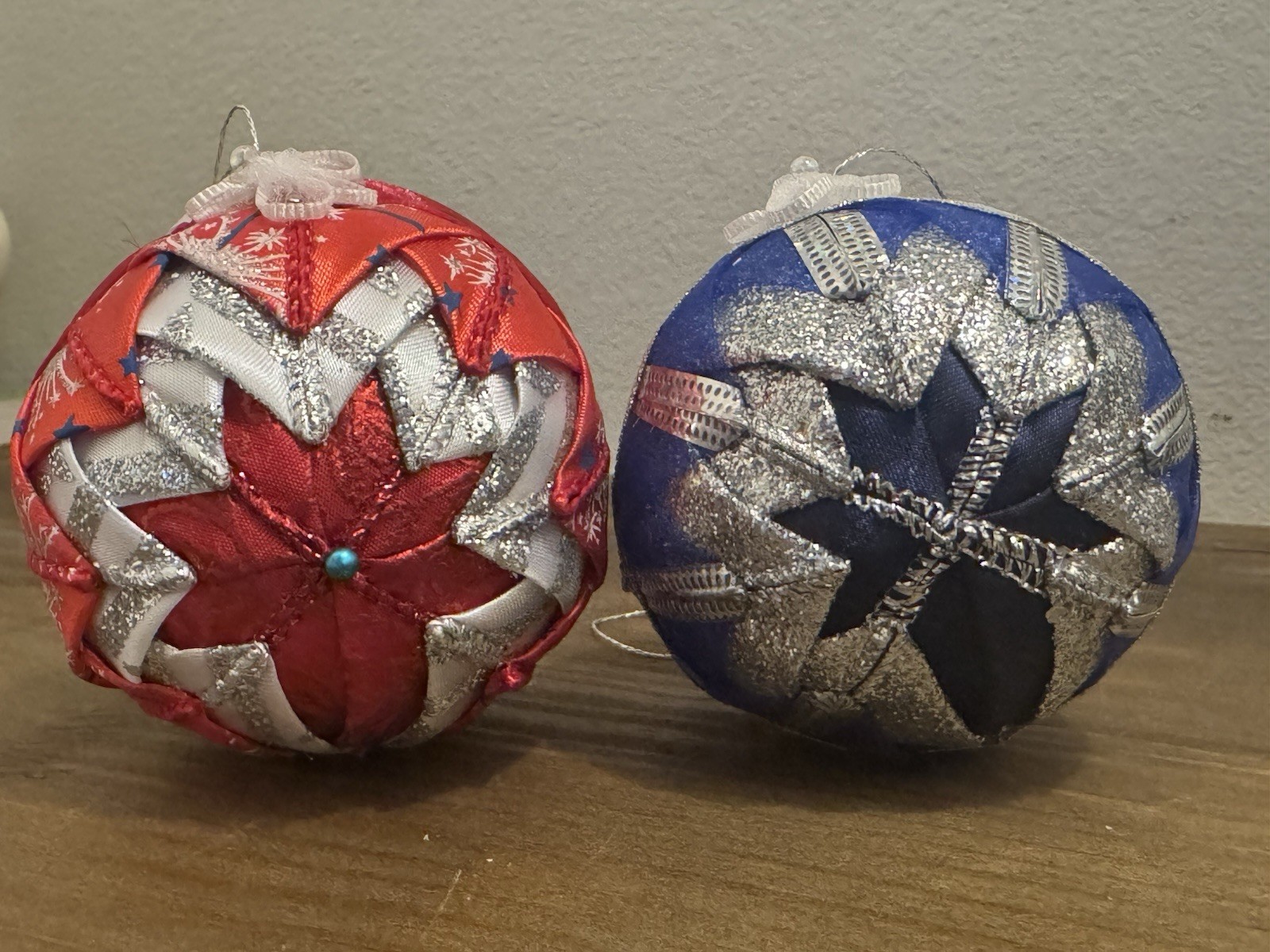 2 -Blue Red Star Handmade No Sew Quilted Fabric Ball Holiday Christmas Ornaments