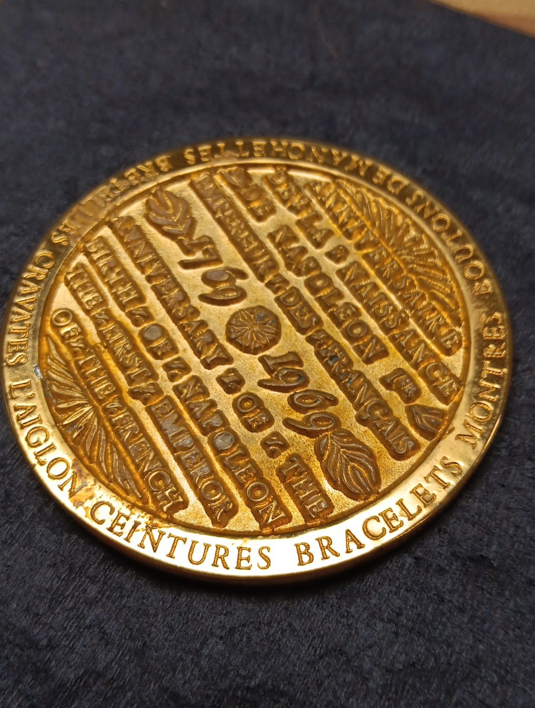 1969 Anniversary Of Napoleons Birth Medal 69mm 2-3/4 Inch Large Gold Plated