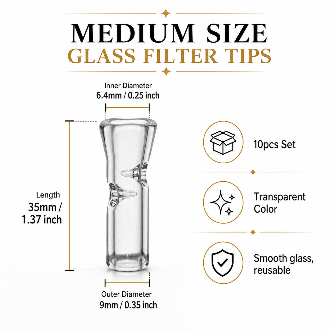 10PCS Medium Glass Filter Tips for Cigarettes Reusable Clear Ø9mm OD x35mm Value