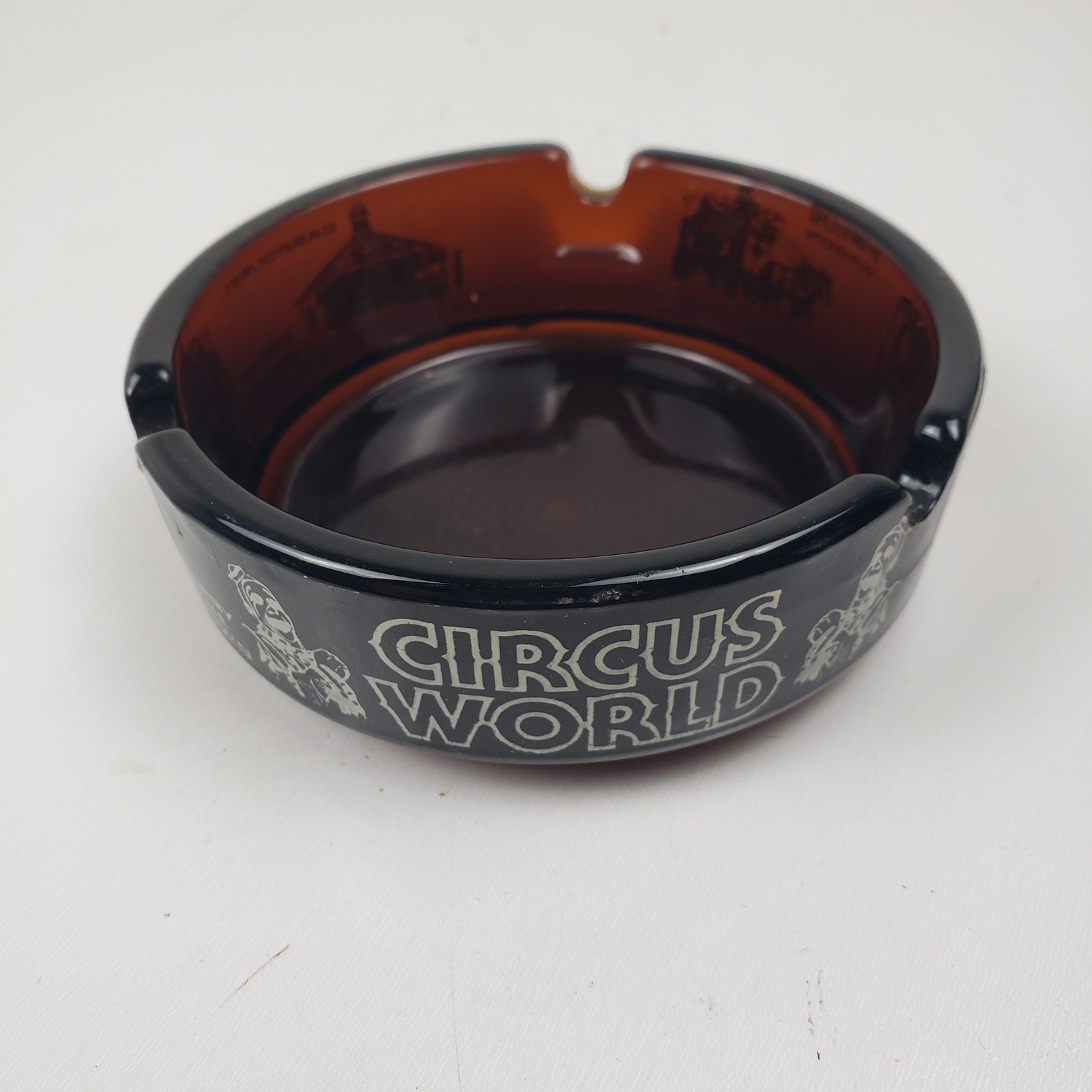 Vintage Circus World Amber Glass Ashtray Harry the Clown Florida Souvenir 4.25″