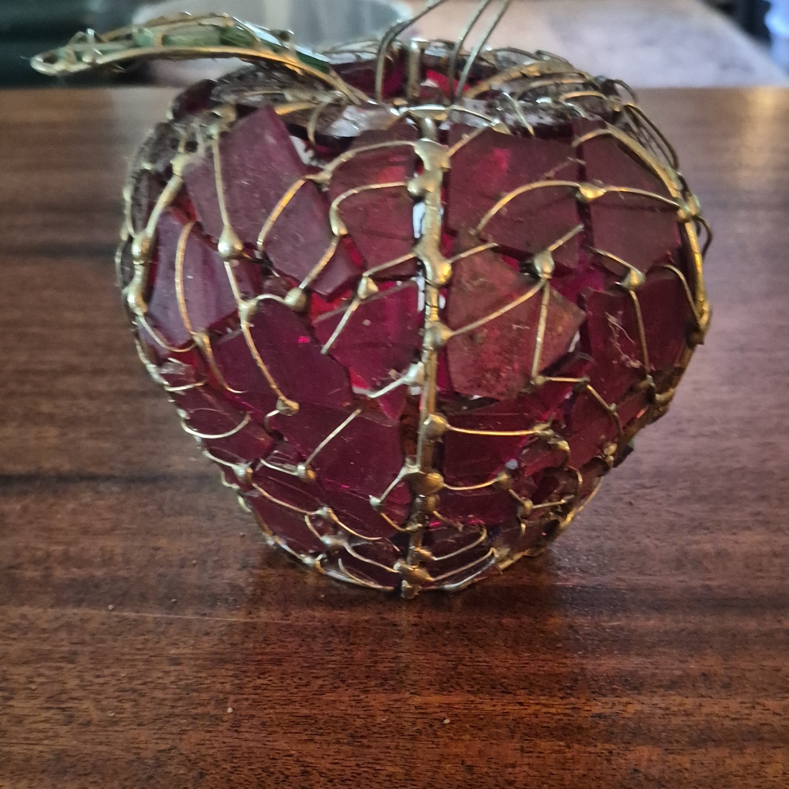 Red Textured Glass Apple Tealight Candle Holder Metal Wire Wrap Leaf