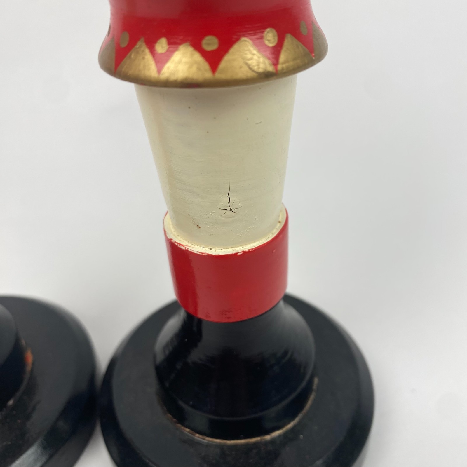 PAIR Lefton Nutcracker Soldier Wooden Candle Stick Holders Red Drum 10” Vintage