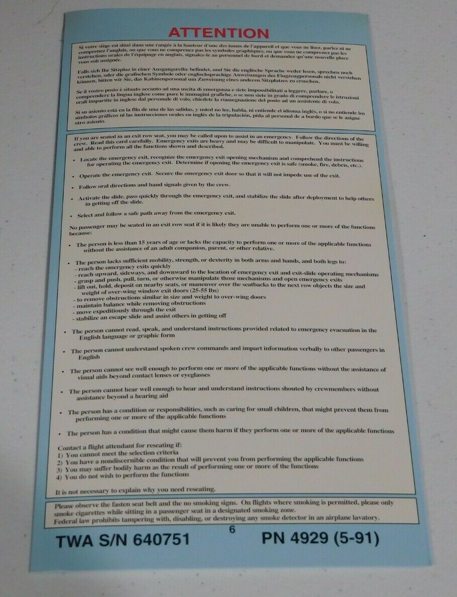 TWA BOEING 727-31 SAFETY INSTRUCTIONS CARD VERY GOOD CONDITION 5/91