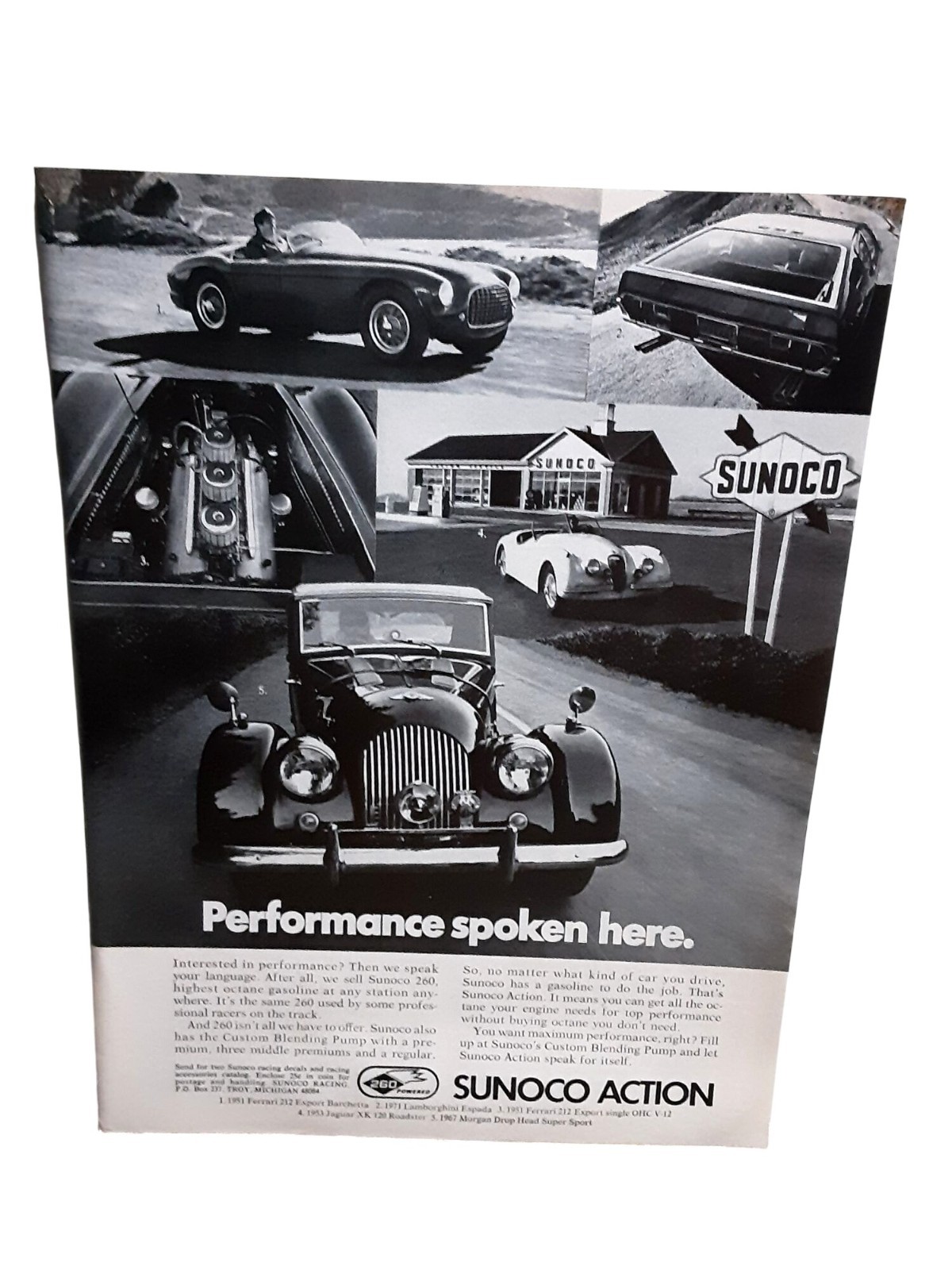 1972 Sunoco Action Ferrari Jaguar Lamborghini Vintage Ad