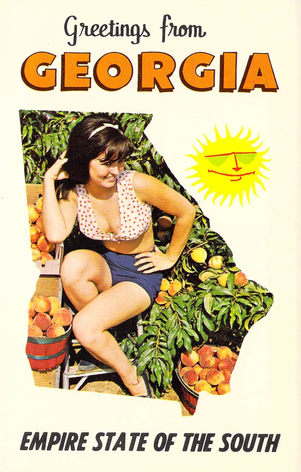 1970 Greetings from Georgia Sexy girl Peaches Map Empire state Postcard A62