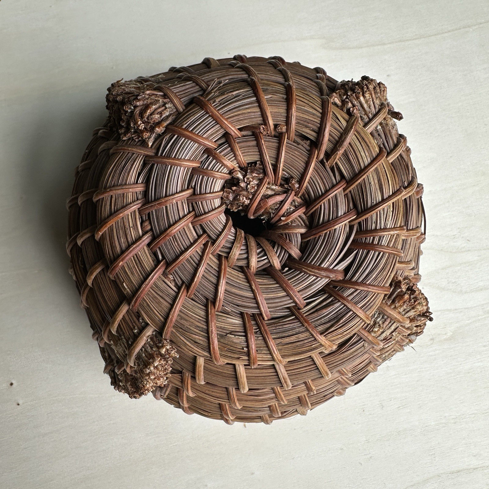 Vintage Handcrafted Coiled Brown Pine Needle Basket 4.25 Inch Knobby Textured