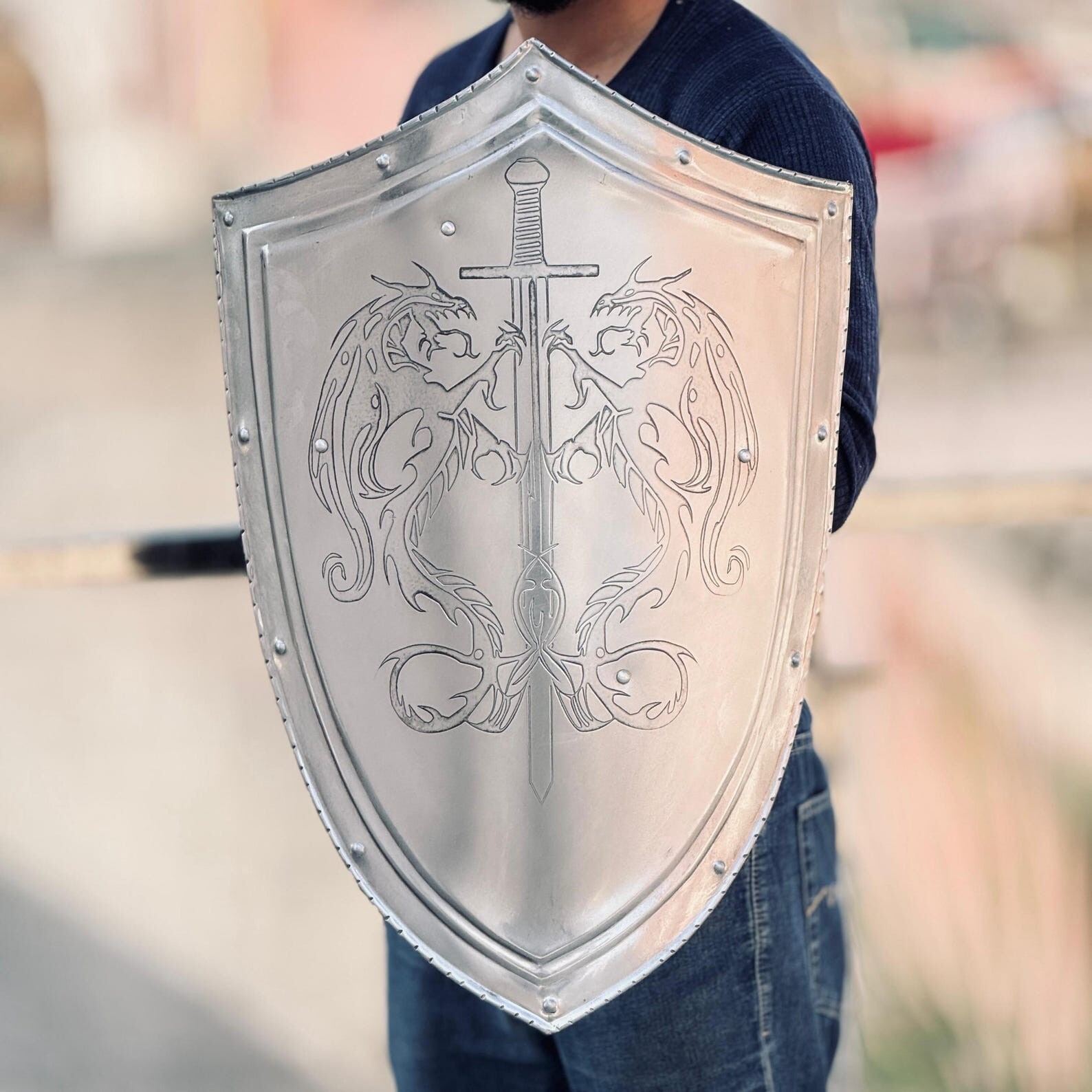 Medieval Knight Steel Etched Templar Dragon Shield, Authentic Heater Shield