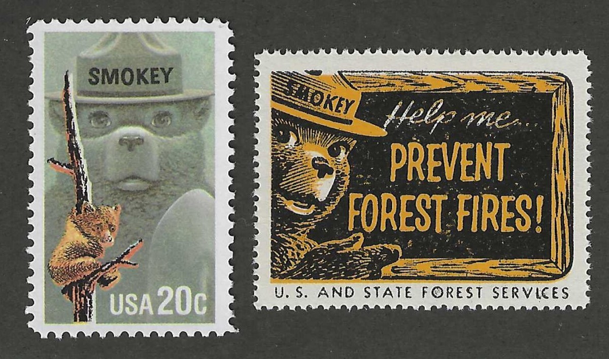 SMOKEY BEAR – U.S. POSTAGE STAMP + 1955 FORESTRY SERVICE STAMP – MINT CONDITION