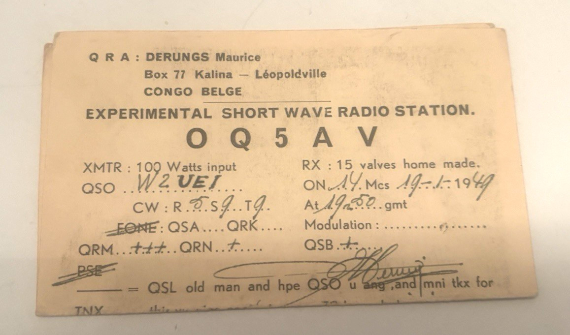 QSL POSTCARD EXPERIMENTAL SHORTWAVE STATION – CONGO BELGE – 1949