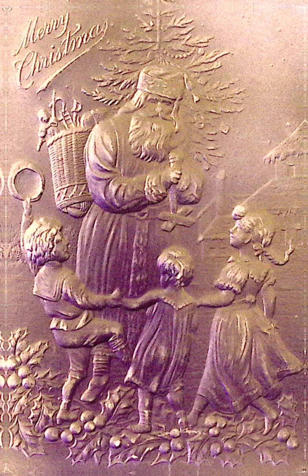 c1908 Christmas Postcard GERMANY Purple Airbrushed Children Dance Around Santa