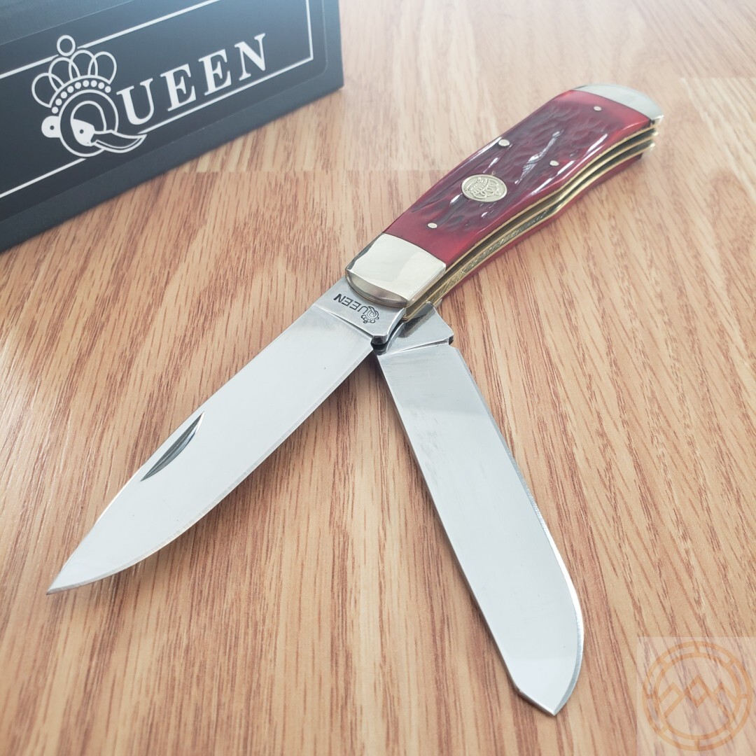 Queen Big Boy Trapper Pocket Knife 1095 Steel Blades Red Jigged Bone Handle 7555
