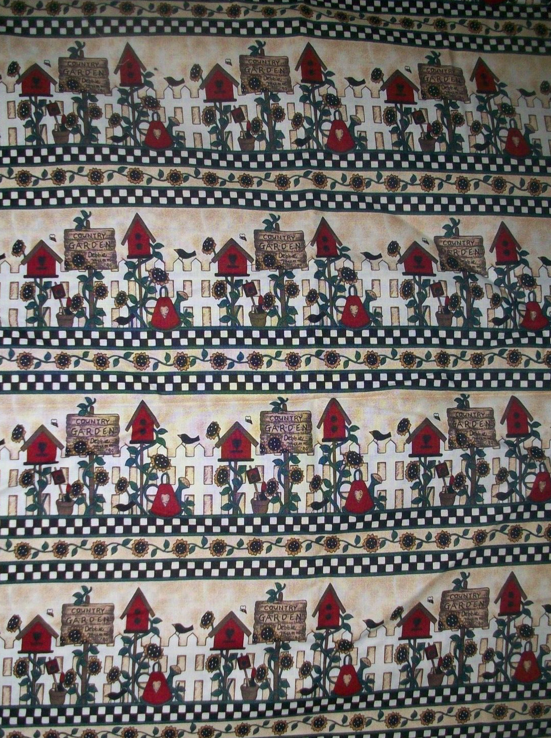 Vintage 90s Debbie Mumm SSI Country Garden Stripe Cotton Quilt Fabric Birdhouse