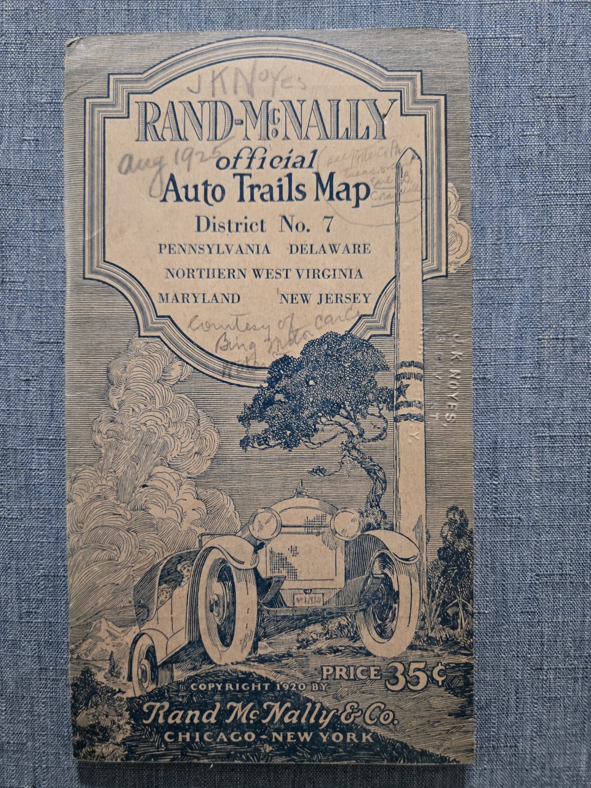 Rand-McNally Auto Trails Map 1920 District 7 PA, DE, N. WVA, MD, NJ