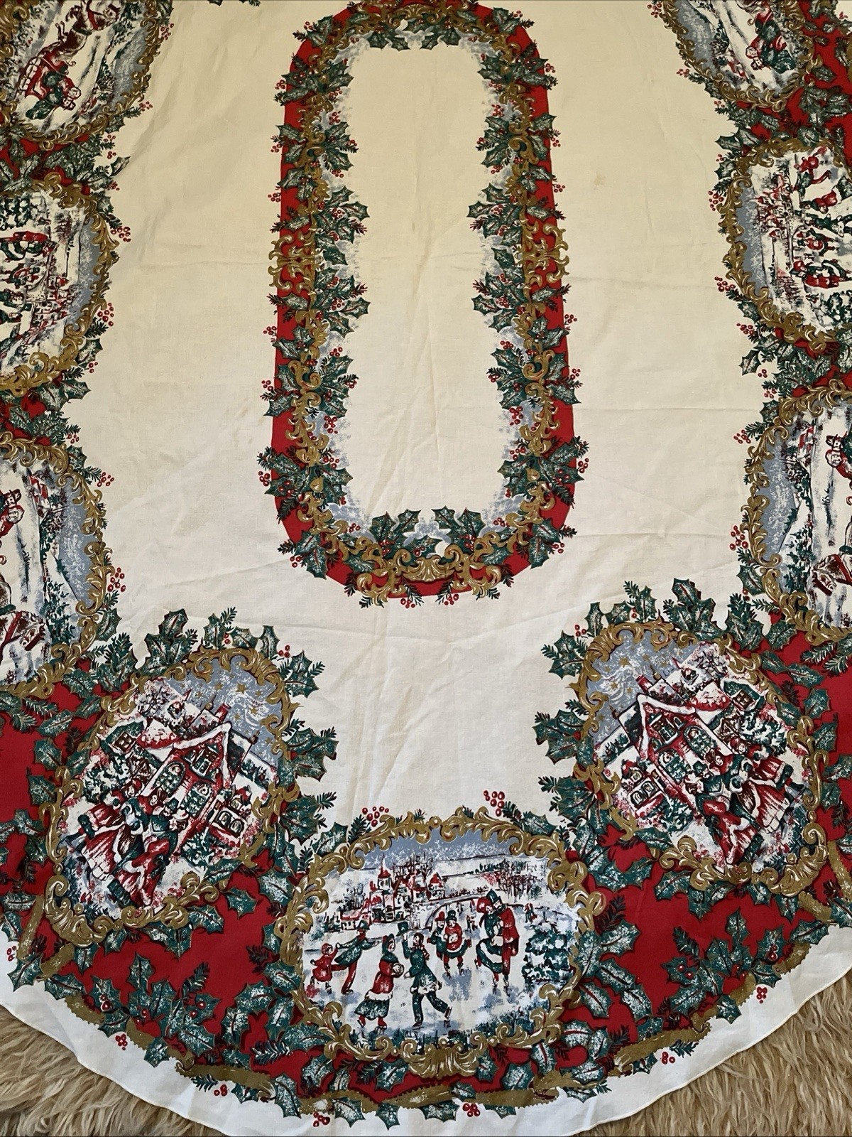 VTG CHRISTMAS LINEN TABLECLOTH HOLLY Christmas Scenes Village 81”x57” Oblong