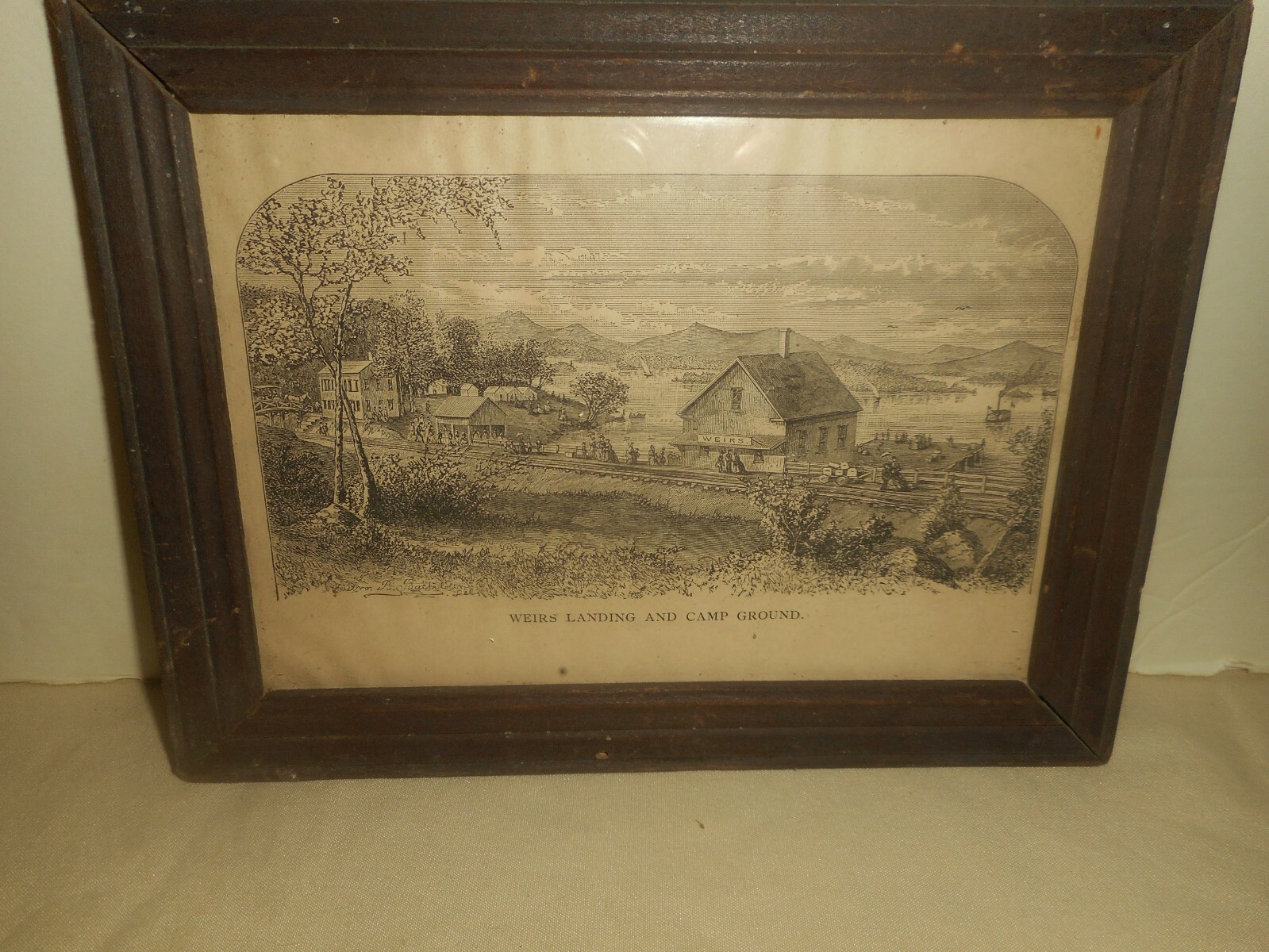 WEIRS LANDING and CAMPGROUND Wood Cut Engraving 1880s Samuel S. KILBURN Framed