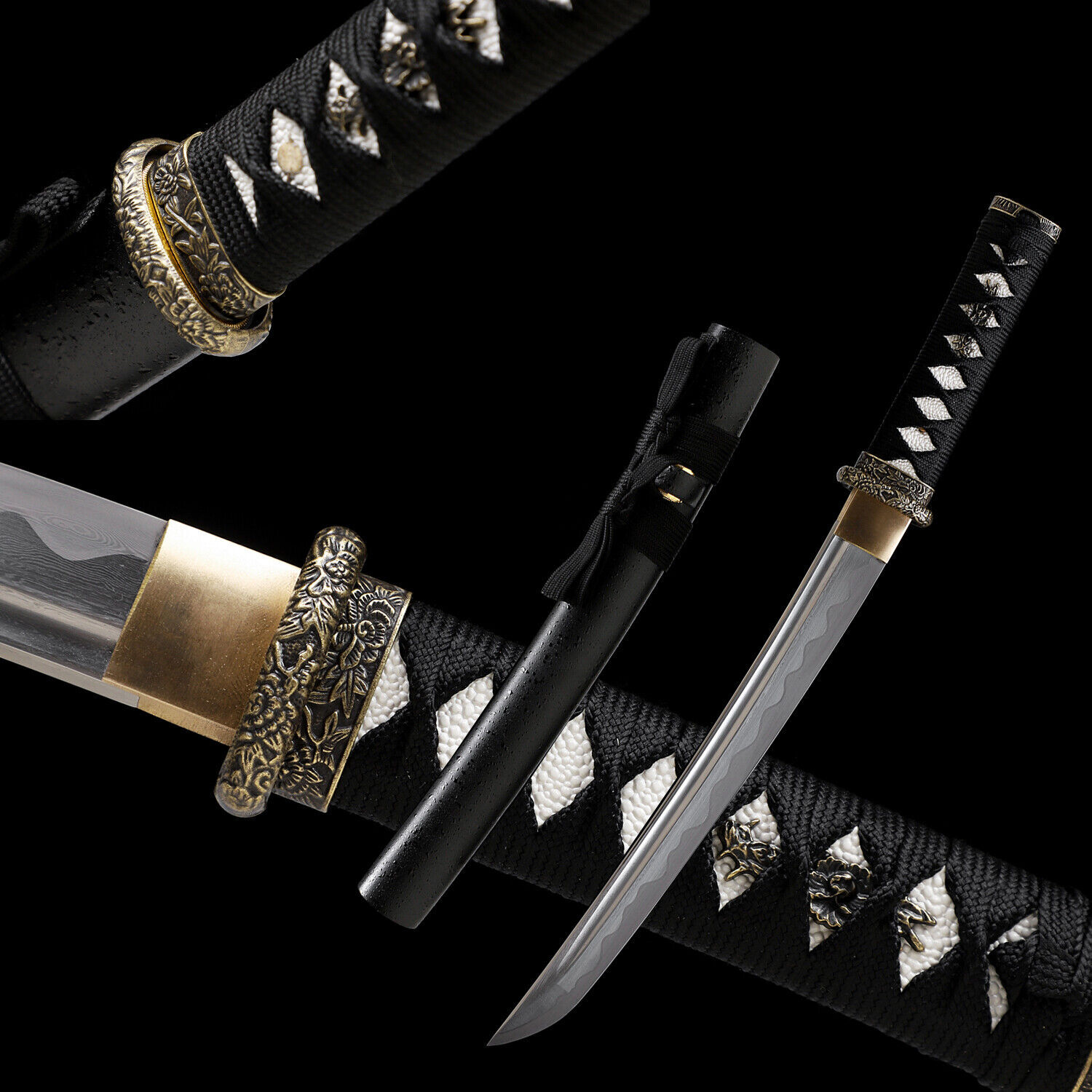 Black 20” Damascus Steel Razor Sharp Japanese Samurai Tanto Sword Full Tang