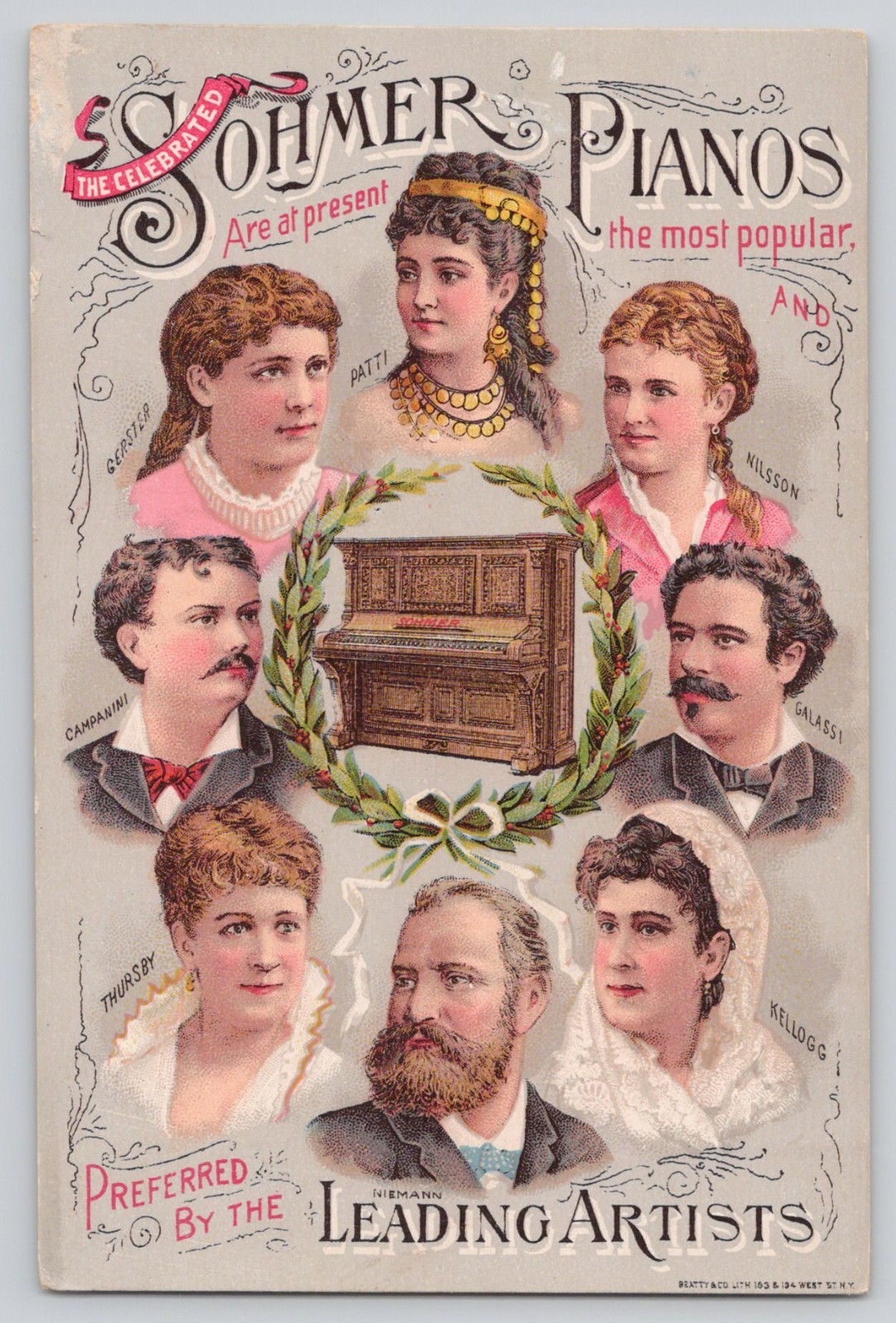 Sohmer Piano 1800’s Famous Music Artists Campanini Patti Advertising Trade Card