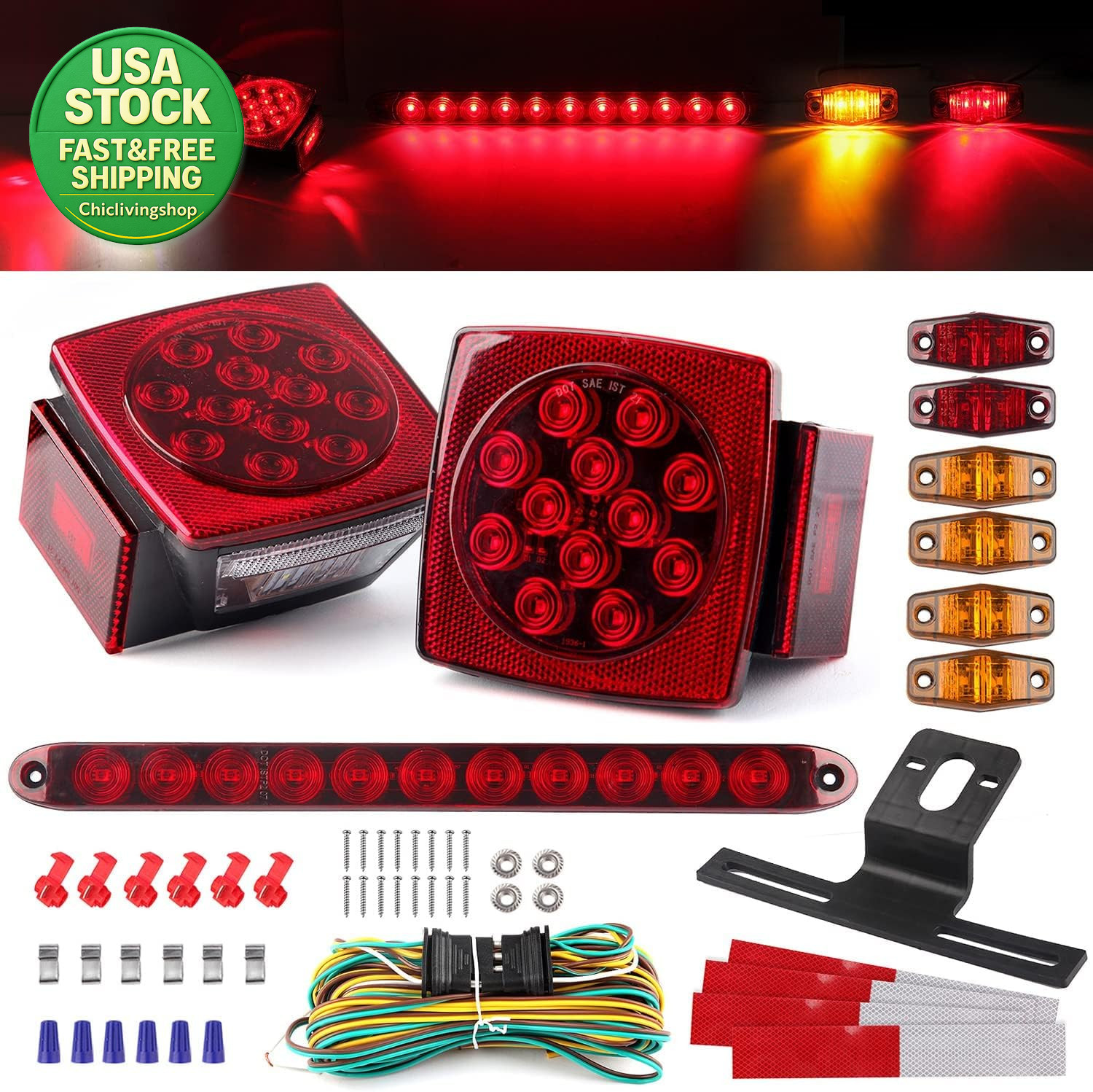 12V Trailer LED Light Kit with Square RGB LED Tail Lights and 25Ft Wiring