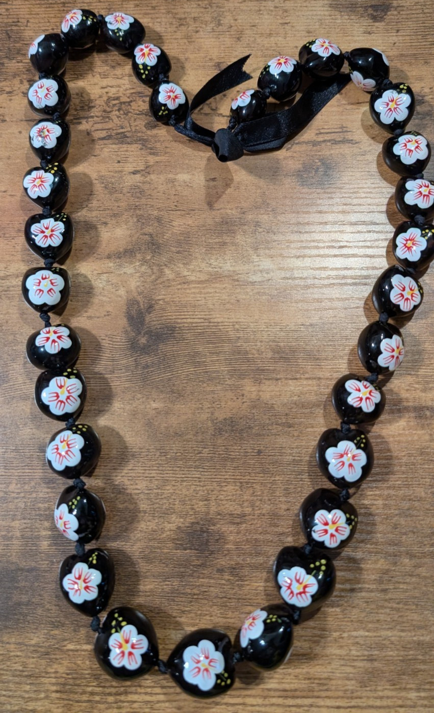 Hand Painted Kukui Nut Lei Black With White Red and Yellow Flowers Hawaiian