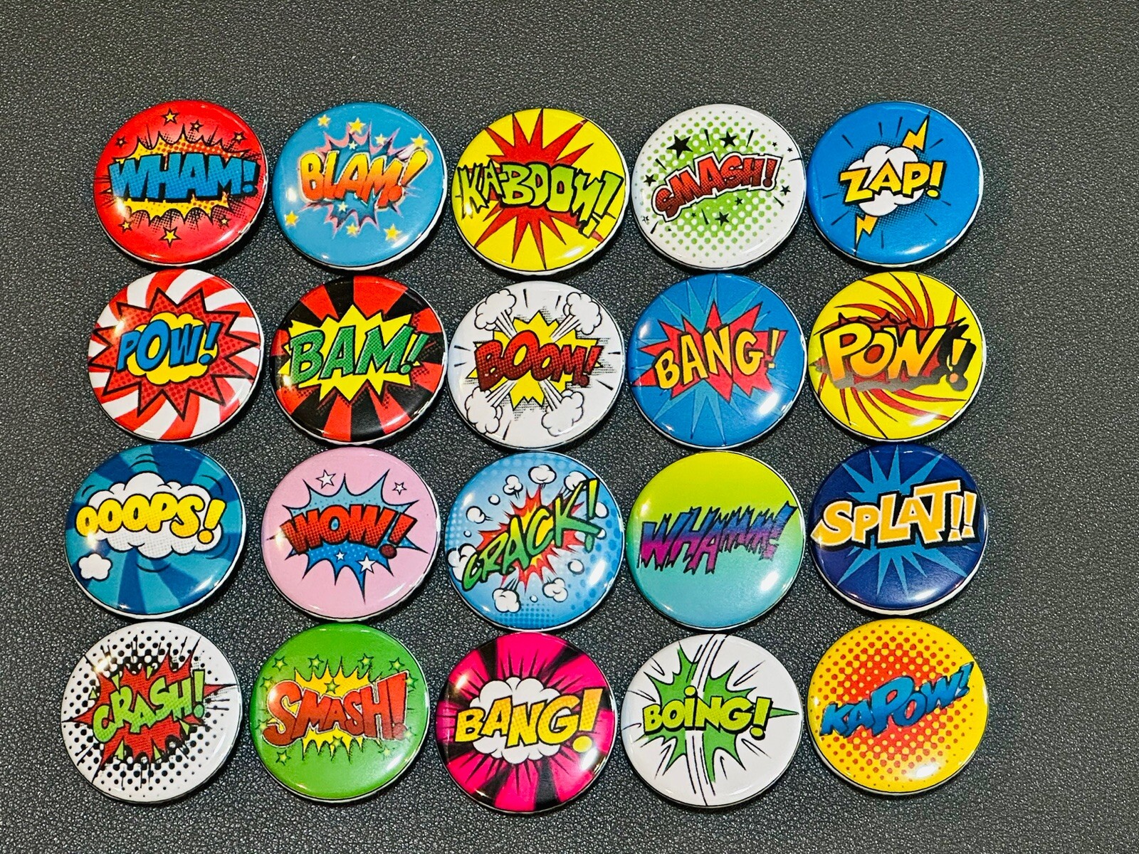 Super Hero / Comic Sounds Onomatopoeia Buttons/ Pins Set Of 20