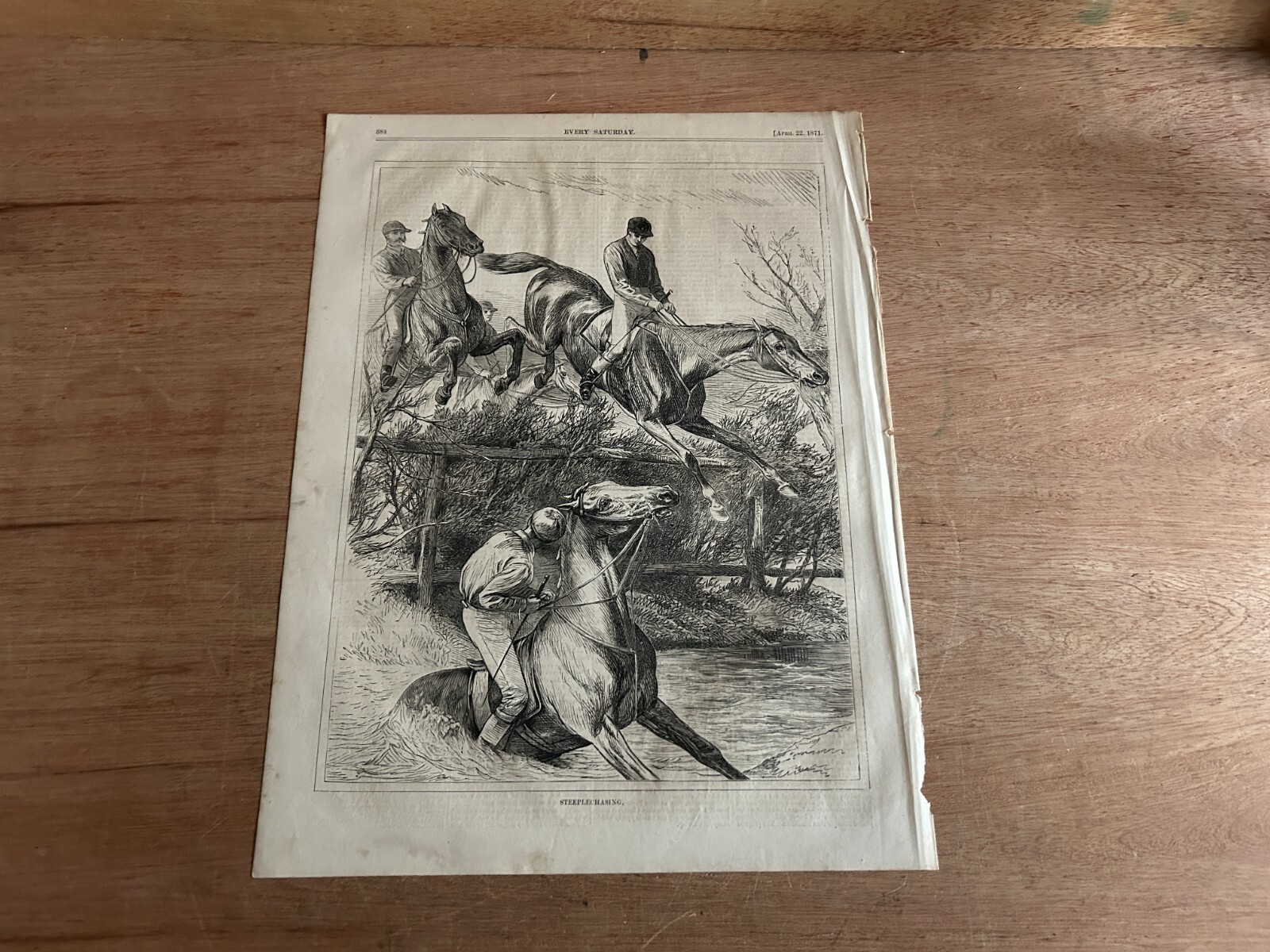 1871 Steeple Chasing Print Page Every Saturday Rough Poor Vintage Antique Orig