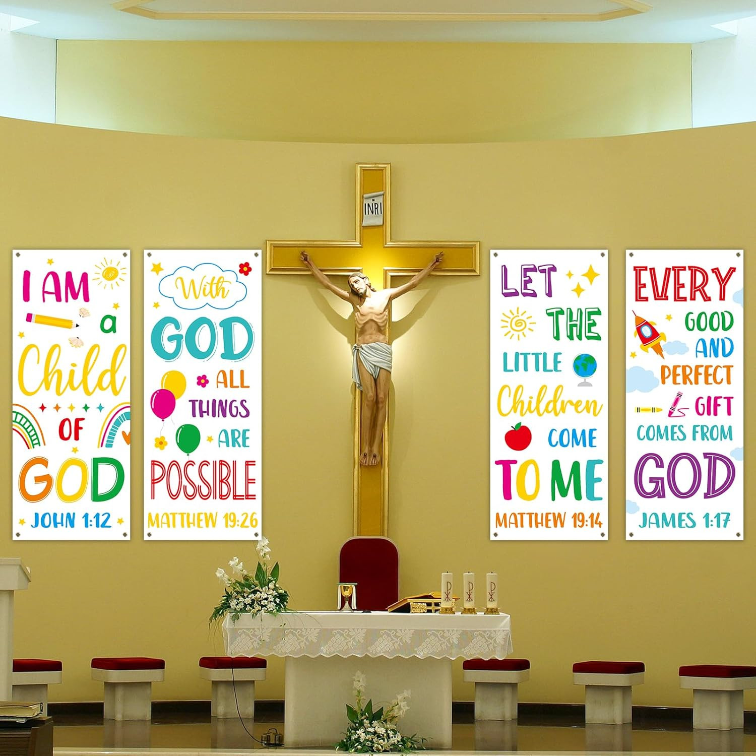 4PCS Church Banners with Scripture Religious Bible Verse Backdrops for Kids Chri