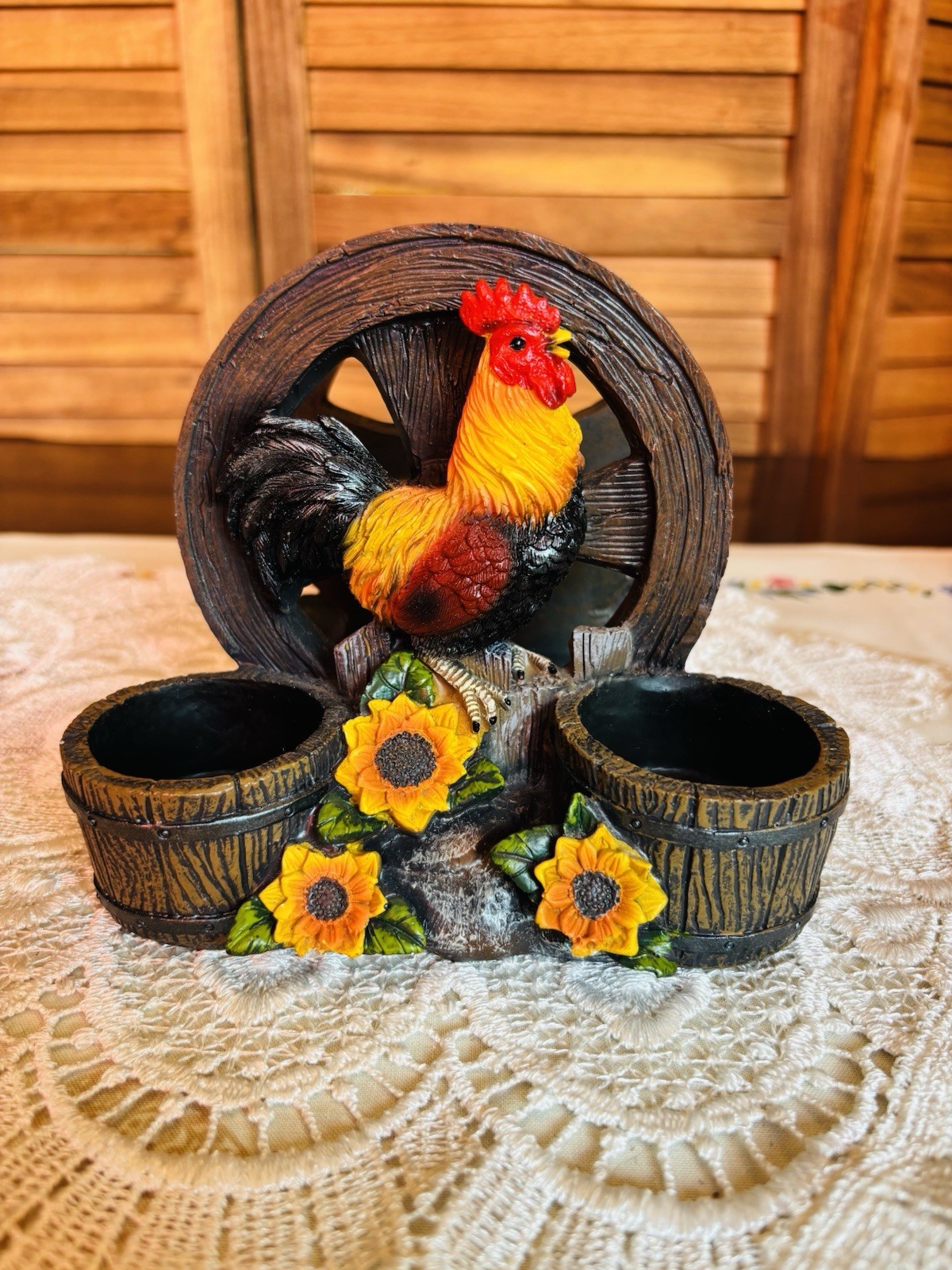 Vintage DWK Rooster Napkin Holder Farmhouse Wagon Wheel Sunflowers Country Decor